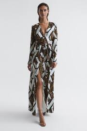Reiss Brown Loren Petite Snake Print Plunge Maxi Dress - Image 3 of 9