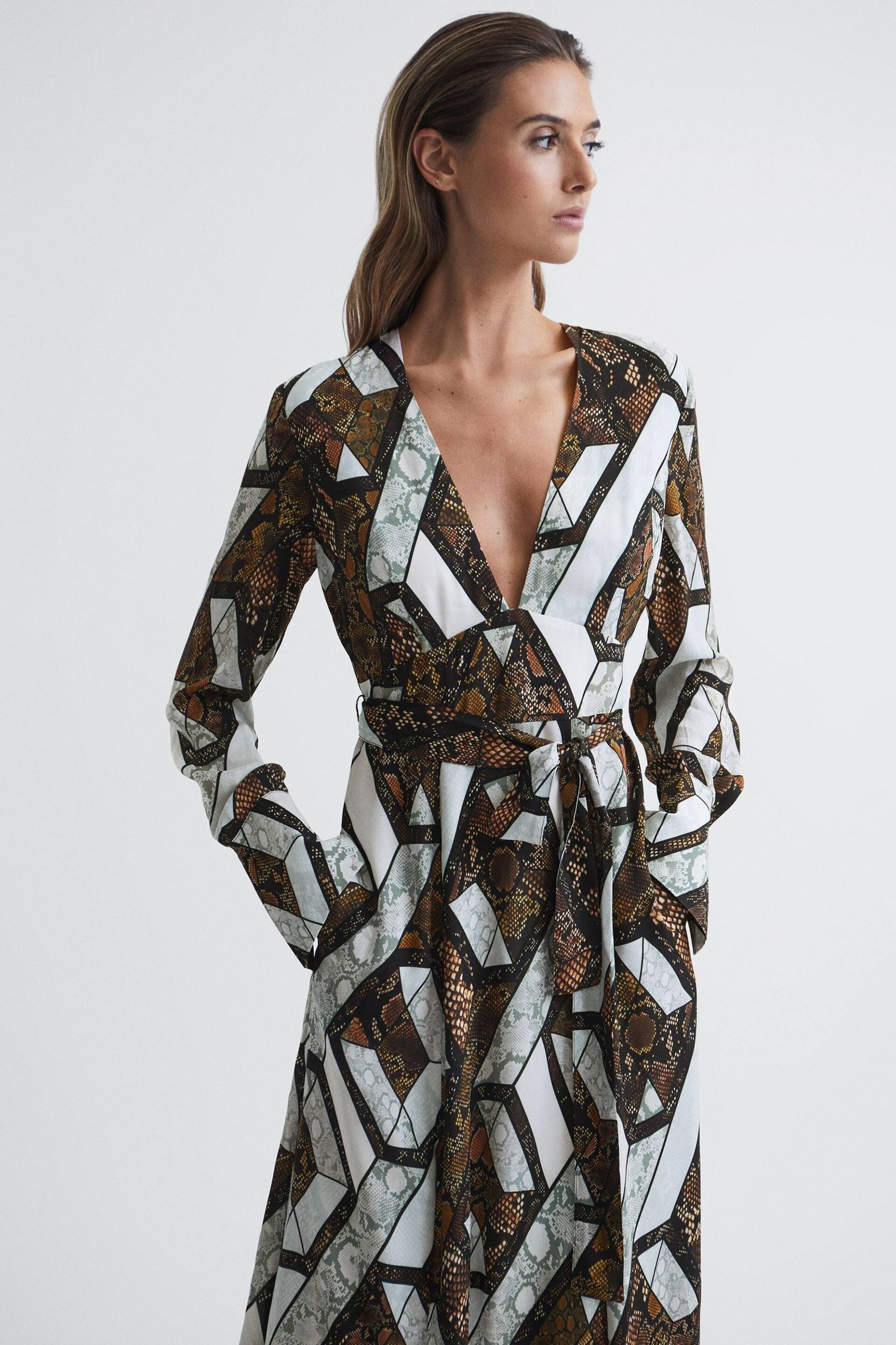 Reiss Brown Loren Petite Snake Print Plunge Maxi Dress - Image 6 of 9