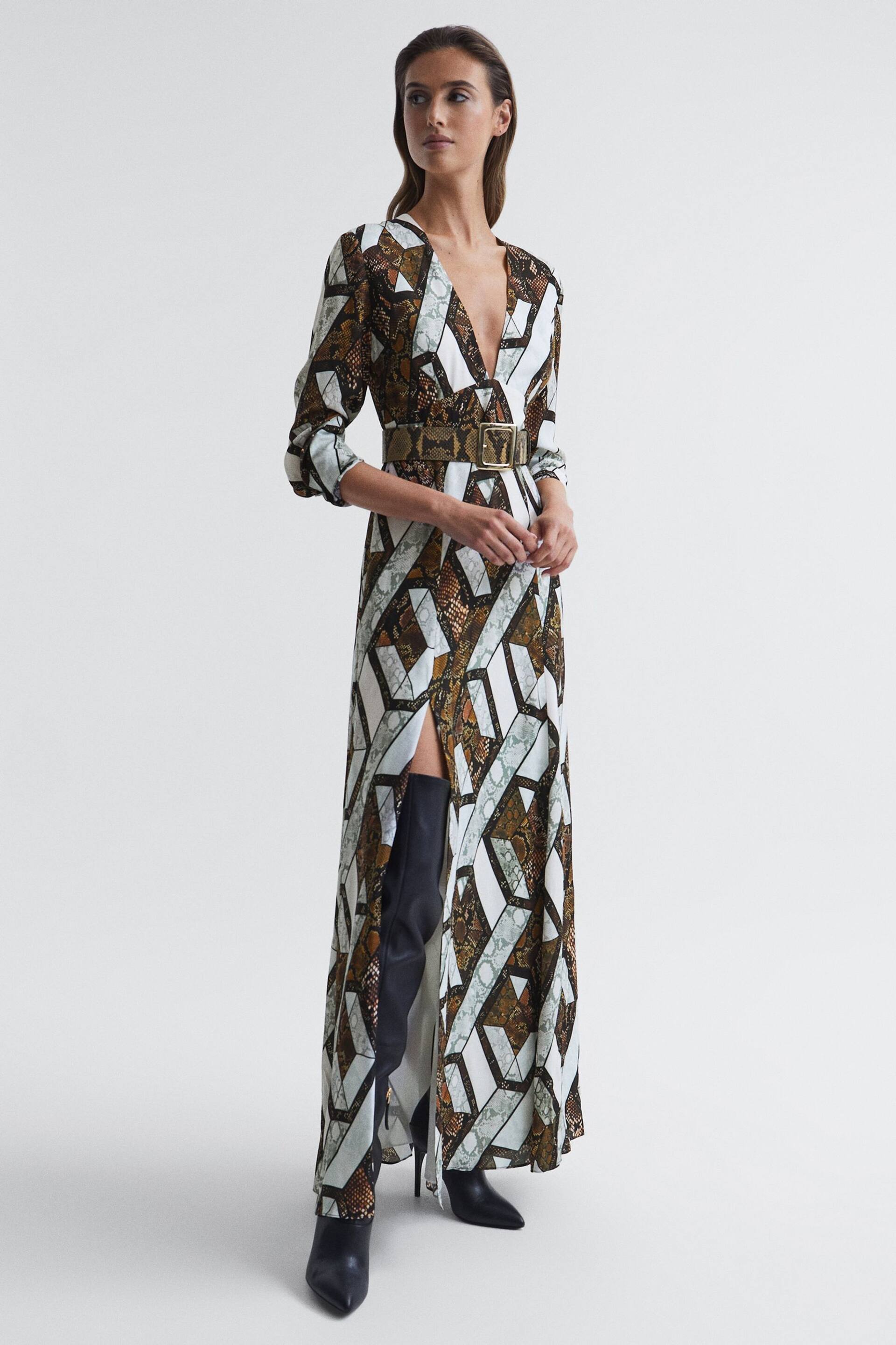Reiss Brown Loren Petite Snake Print Plunge Maxi Dress - Image 7 of 9