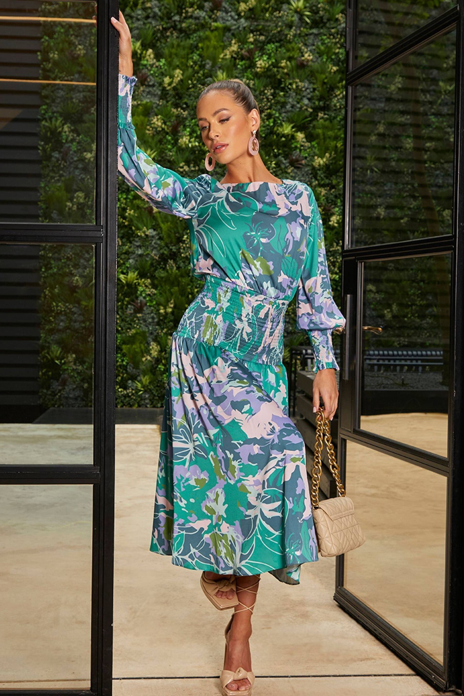 Chi Chi London Green Long Sleeve Floral Abstract Midi Dress - Image 3 of 5