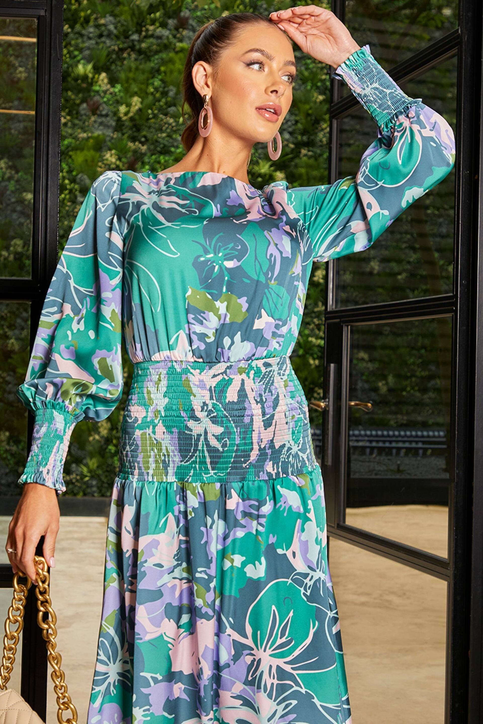 Chi Chi London Green Long Sleeve Floral Abstract Midi Dress - Image 4 of 5