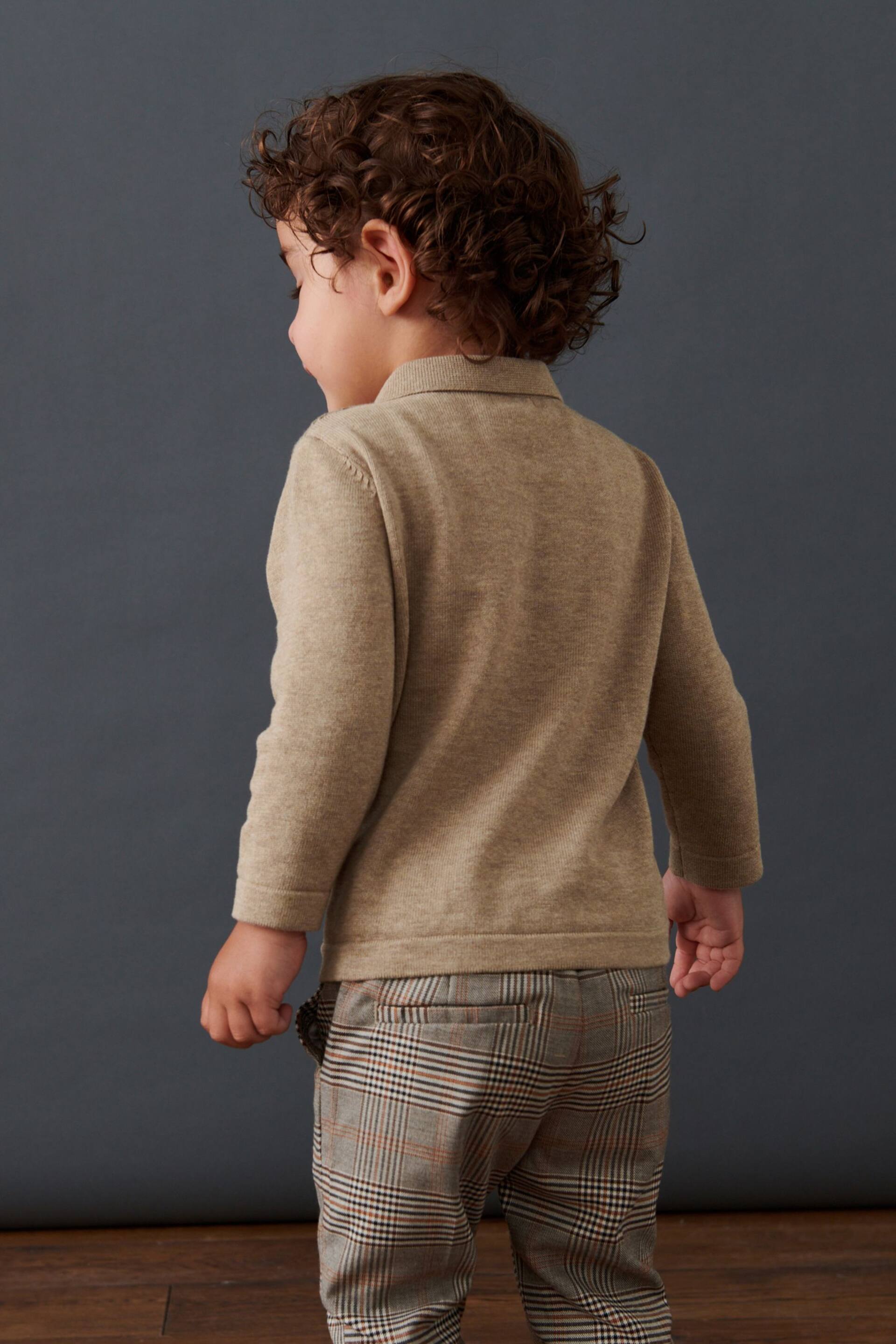 Neutral Long Sleeve Zip Neck Textured Polo Shirt (3mths-7yrs) - Image 3 of 6