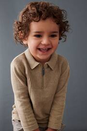 Neutral Long Sleeve Zip Neck Textured Polo Shirt (3mths-7yrs) - Image 4 of 6