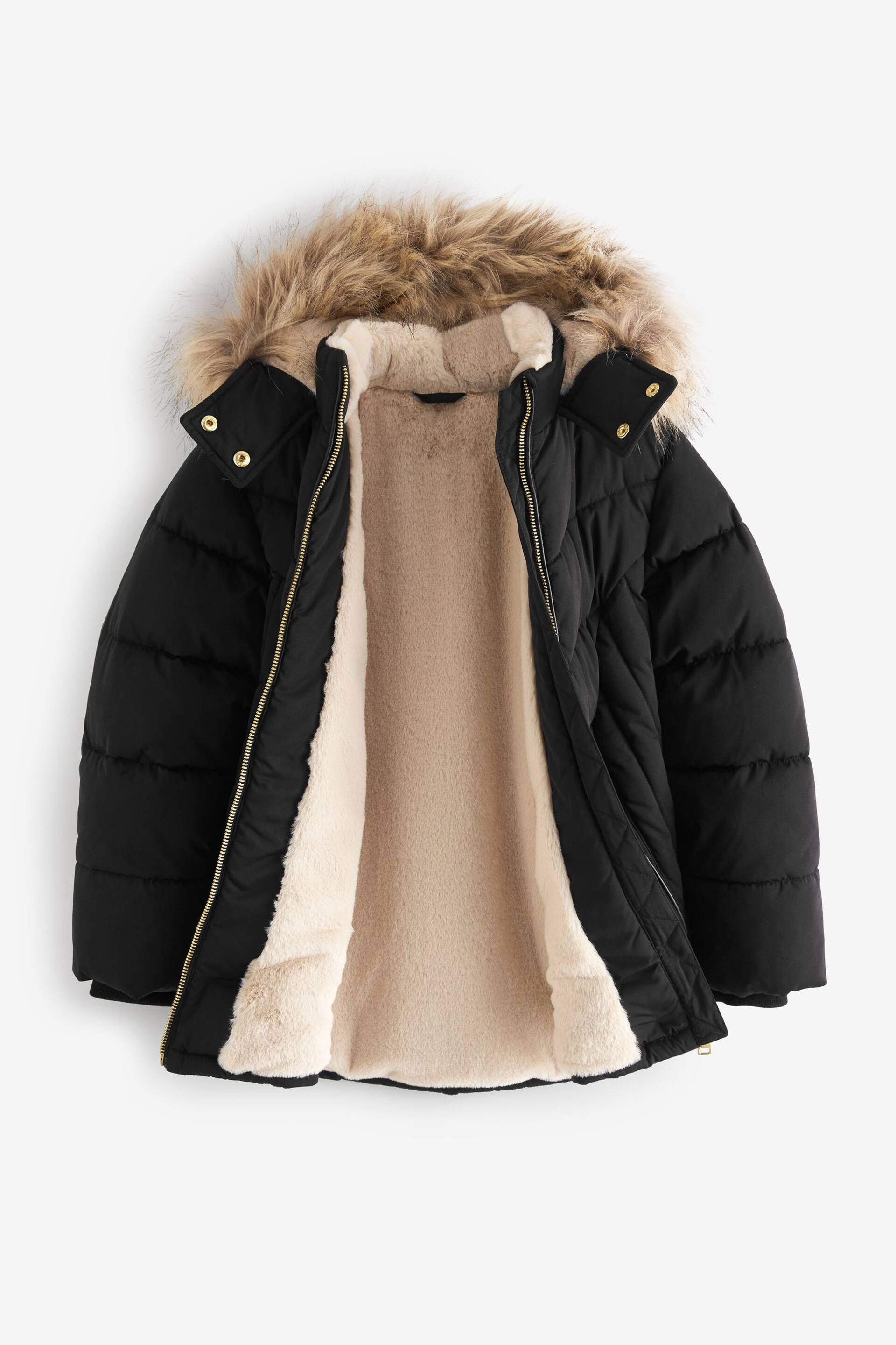 Black Shower Resistant Faux Fur Trim Short Padded Coat (3-16yrs) - Image 4 of 10