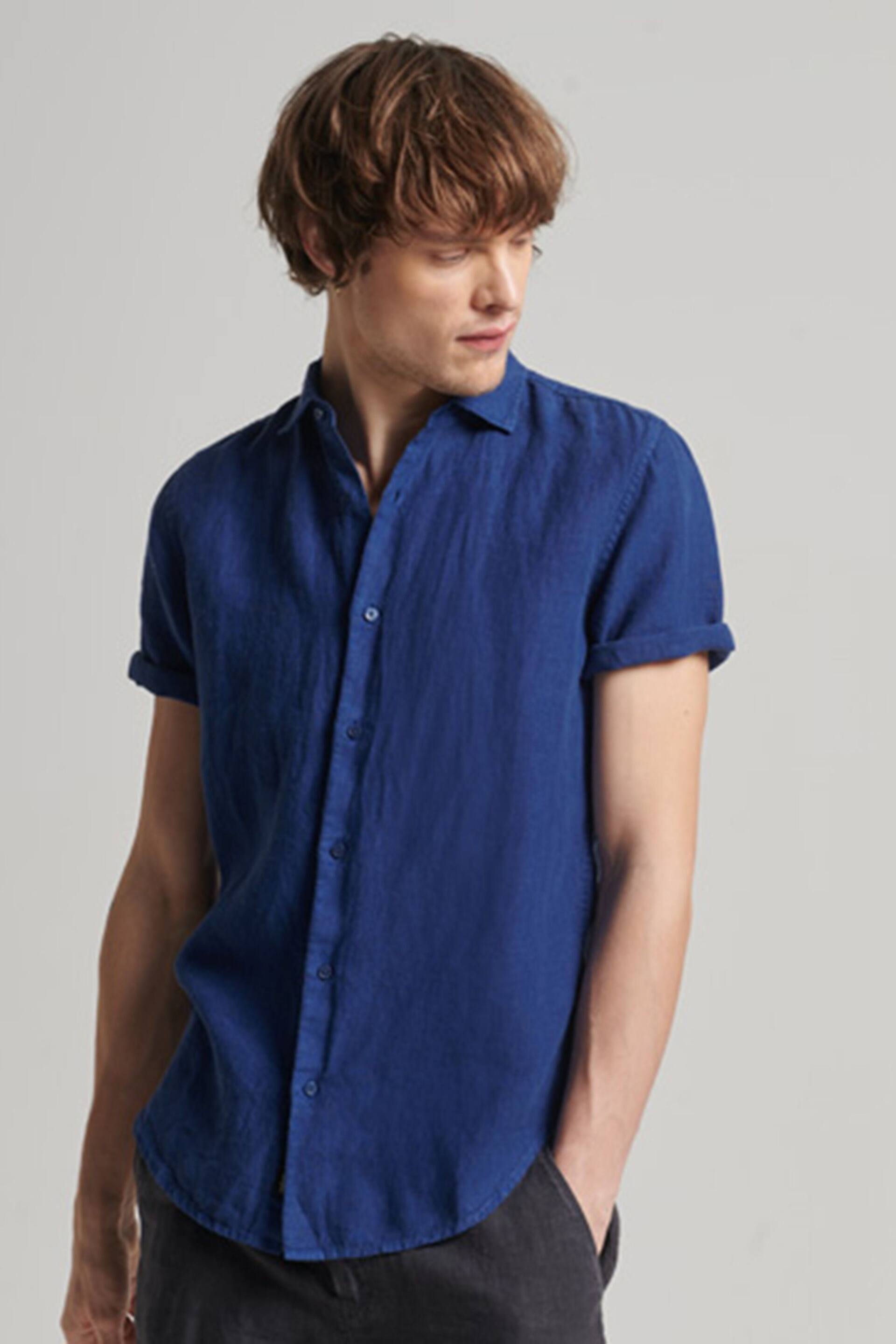 Superdry Dark Blue Studios Casual Linen Short Sleeve Shirt - Image 1 of 5