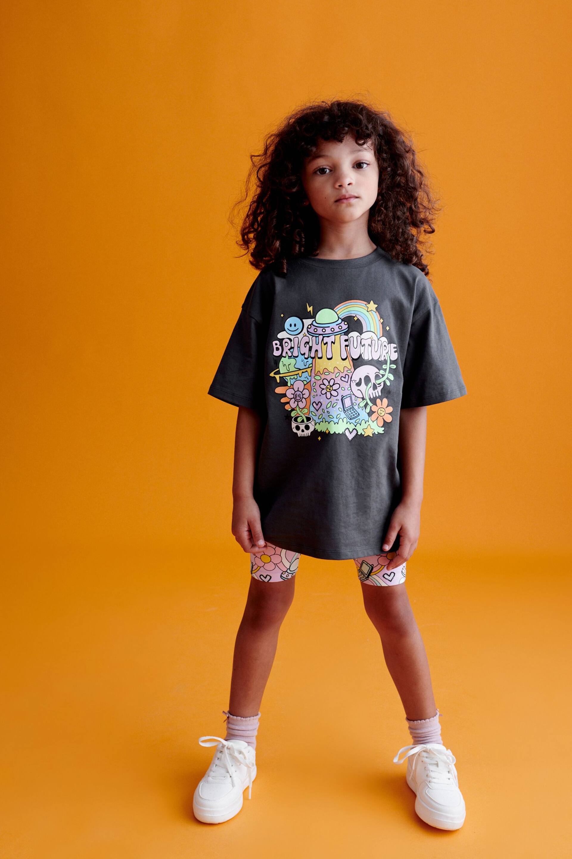 Charcoal Grey Bright Character Oversized T-Shirt and Cycle Shorts Set (3-16yrs) - Image 2 of 7