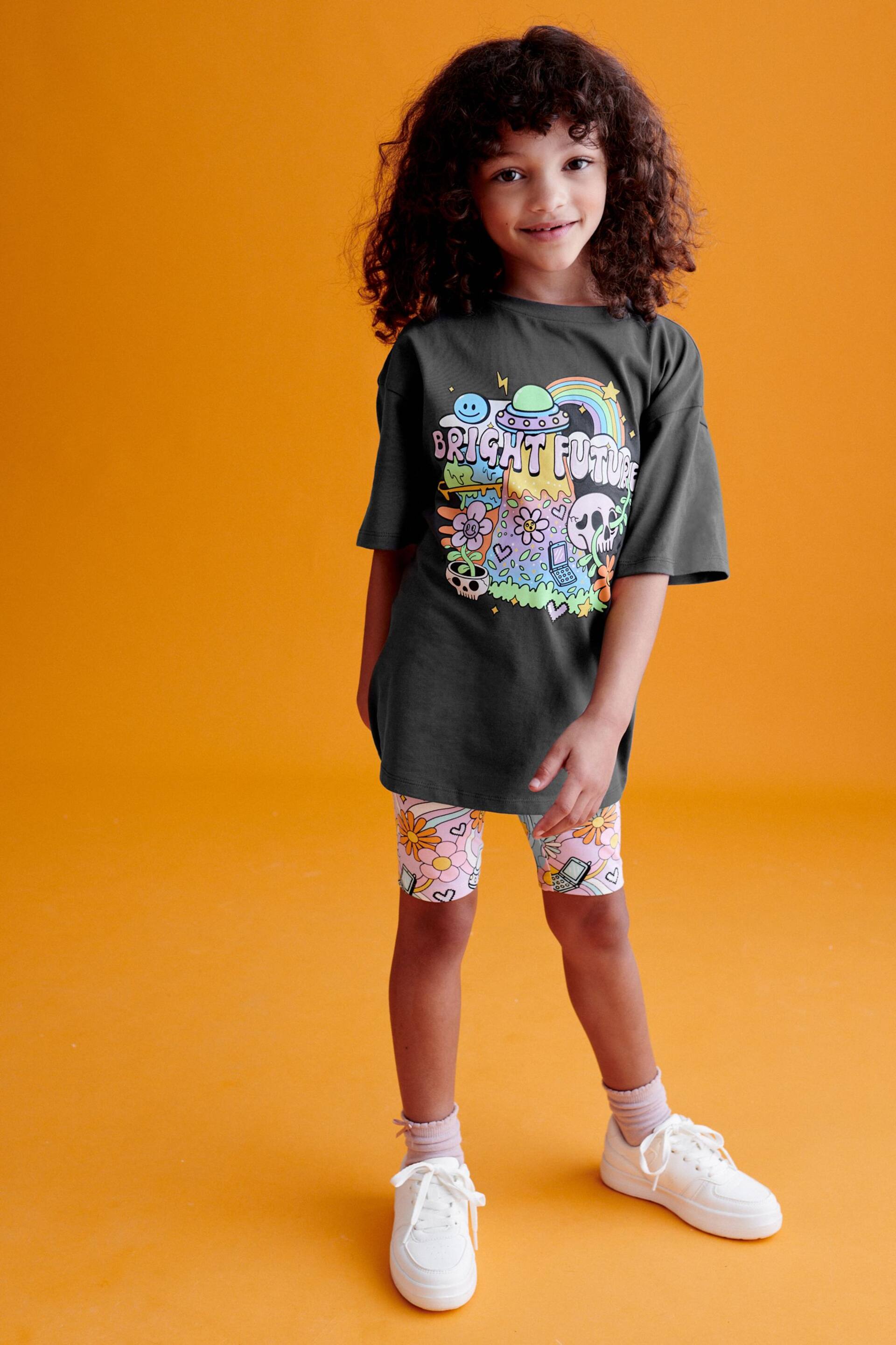 Charcoal Grey Bright Character Oversized T-Shirt and Cycle Shorts Set (3-16yrs) - Image 5 of 7