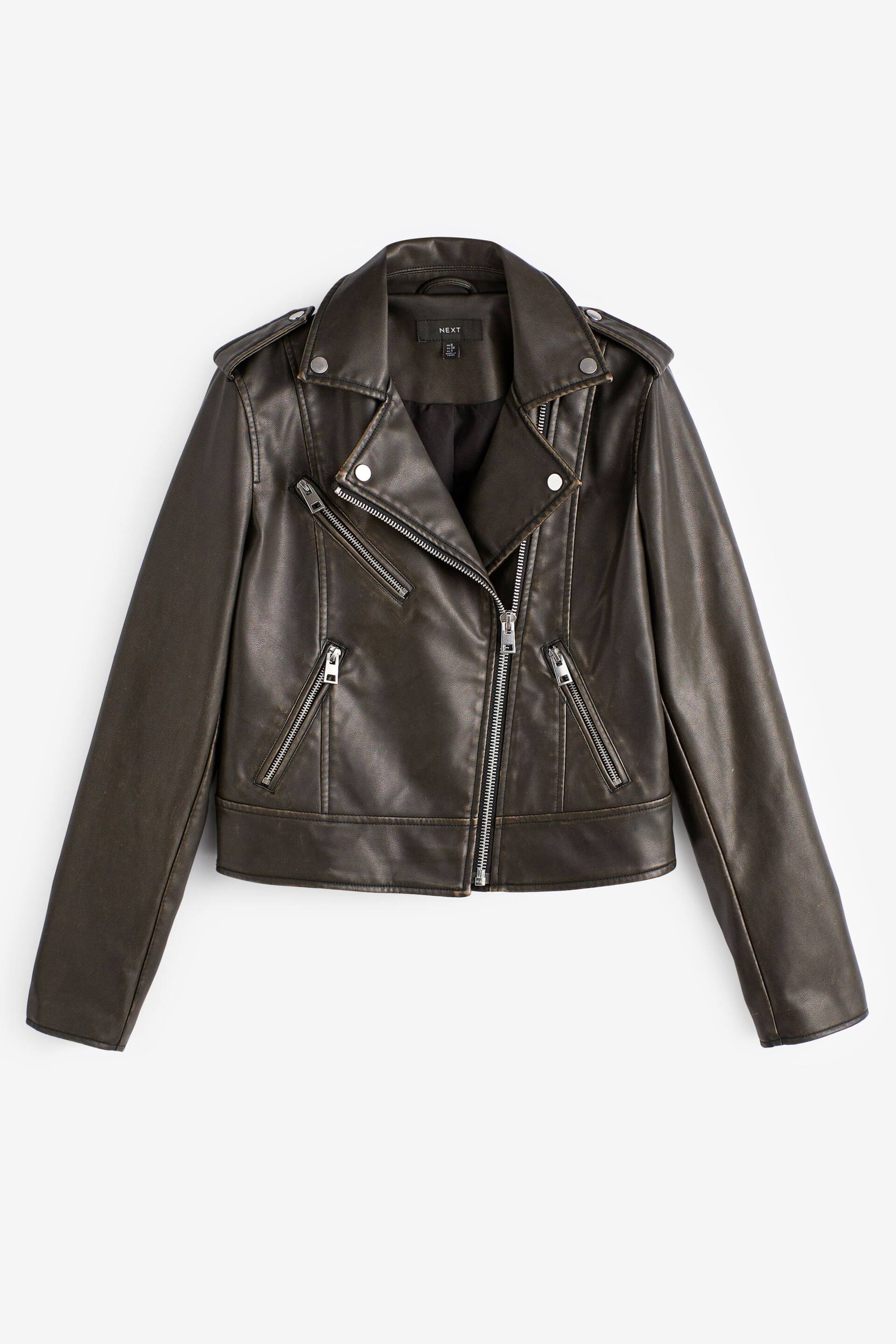 Washed Black Faux Leather Biker Jacket - Image 5 of 6