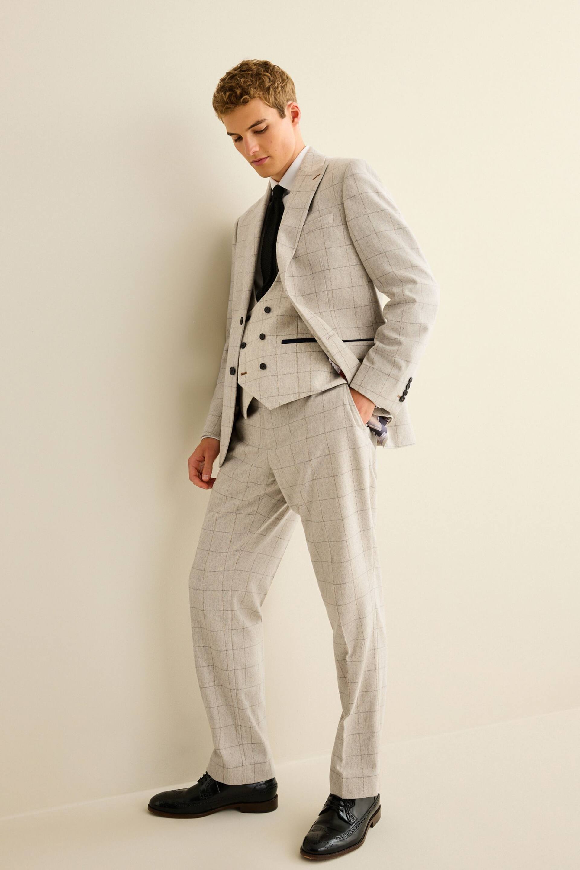 Light Grey Regular Fit Trimmed Check Suit: Trousers - Image 3 of 11