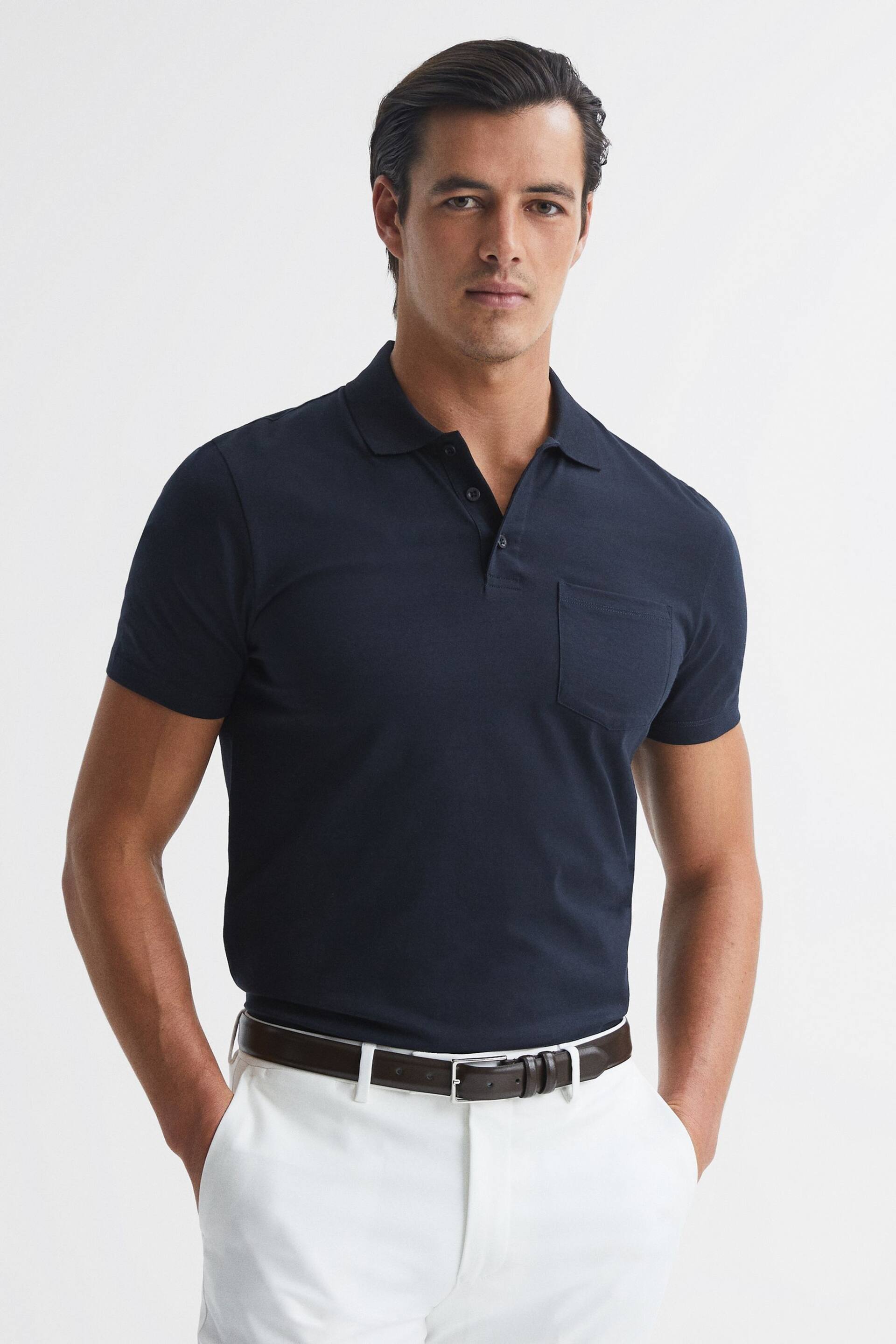 Reiss Navy Austin Short Sleeve Polo T-Shirt - Image 1 of 6