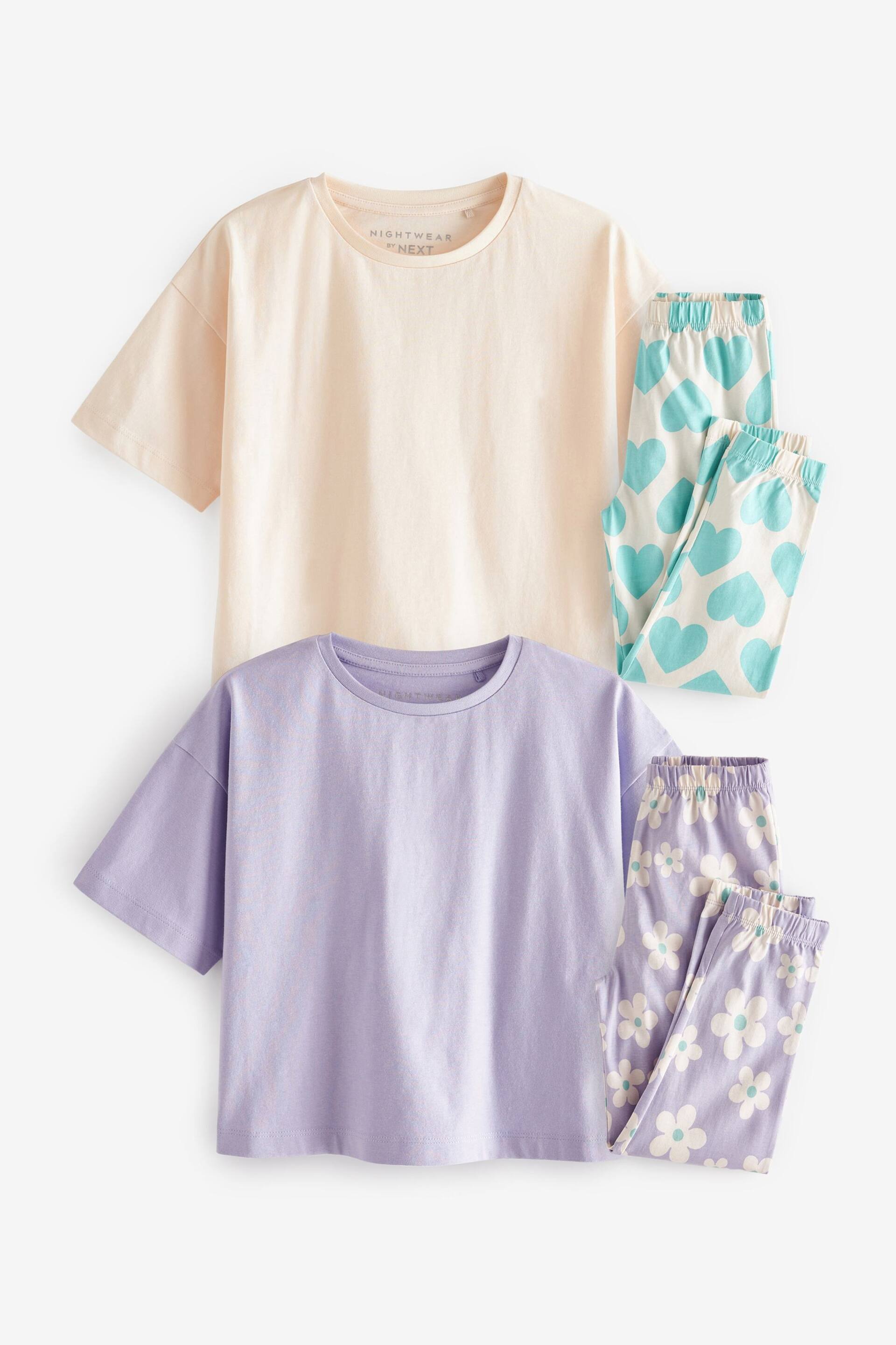 Purple Lilac Blue Daisy Heart Pyjamas 2 Packs (3-16yrs) - Image 4 of 11