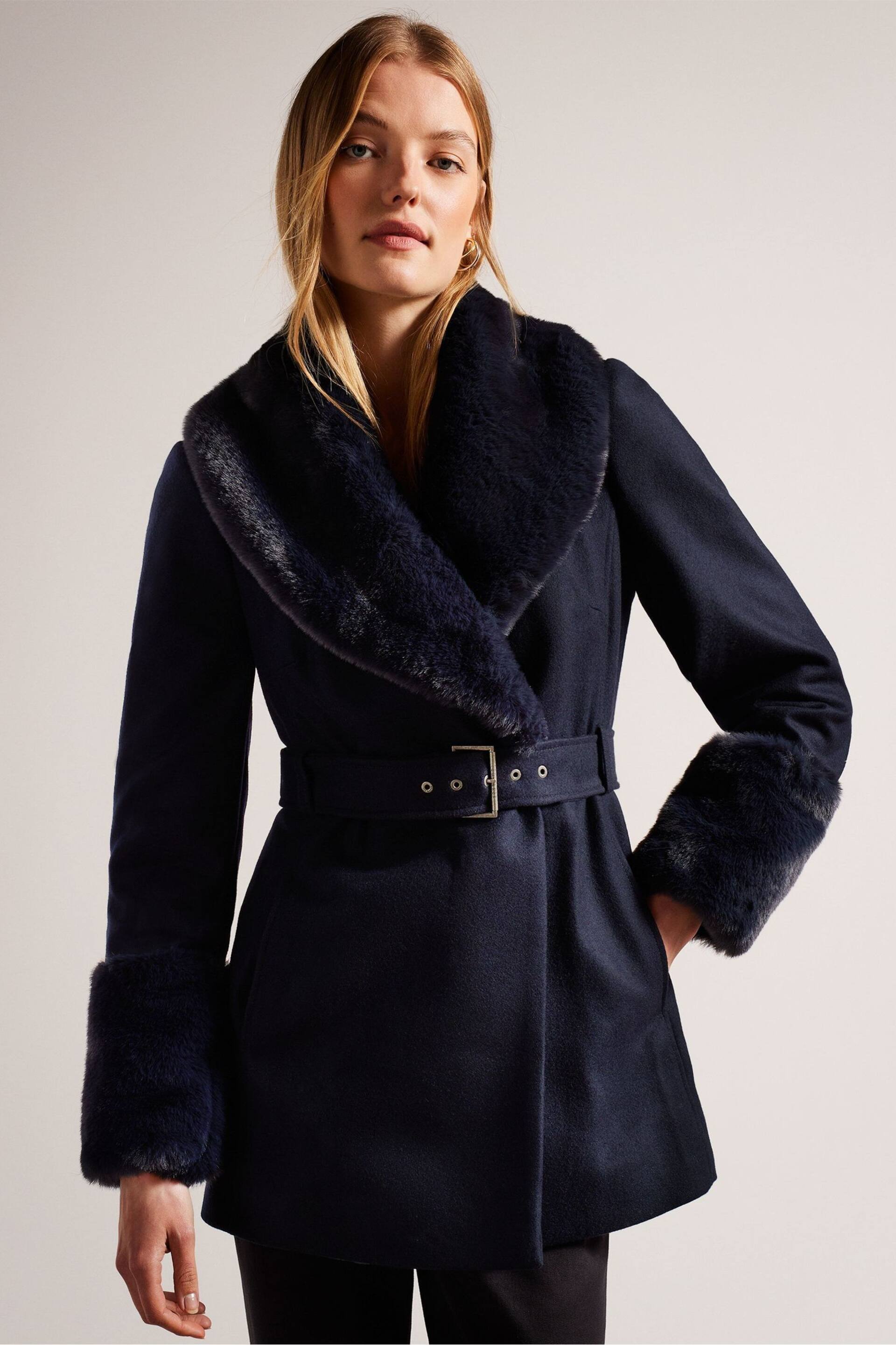 Ted Baker Blue Loleta Belted Faux Fur Collar And Cuffs Coat - Image 1 of 6