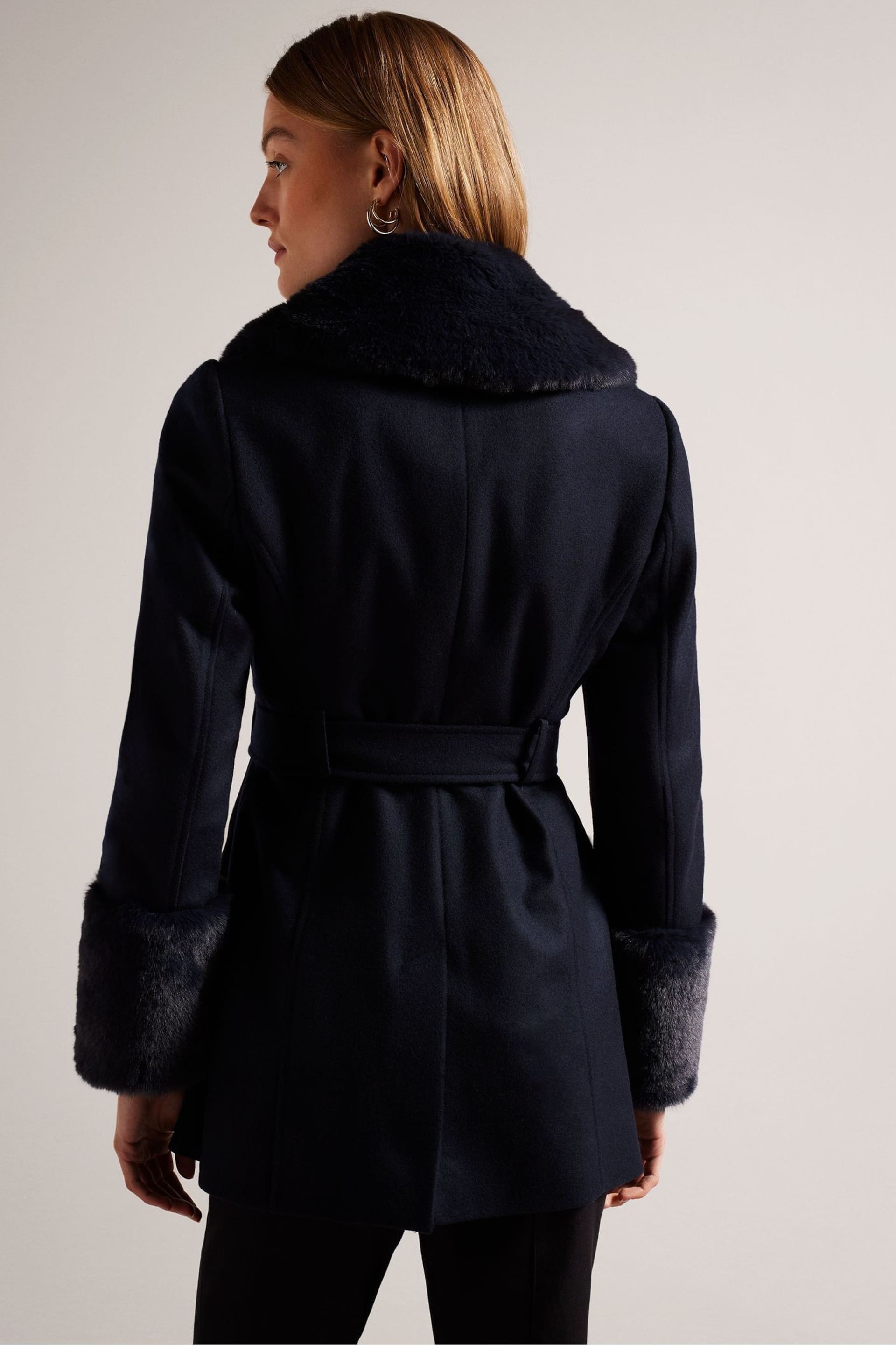 Ted Baker Blue Loleta Belted Faux Fur Collar And Cuffs Coat - Image 2 of 6