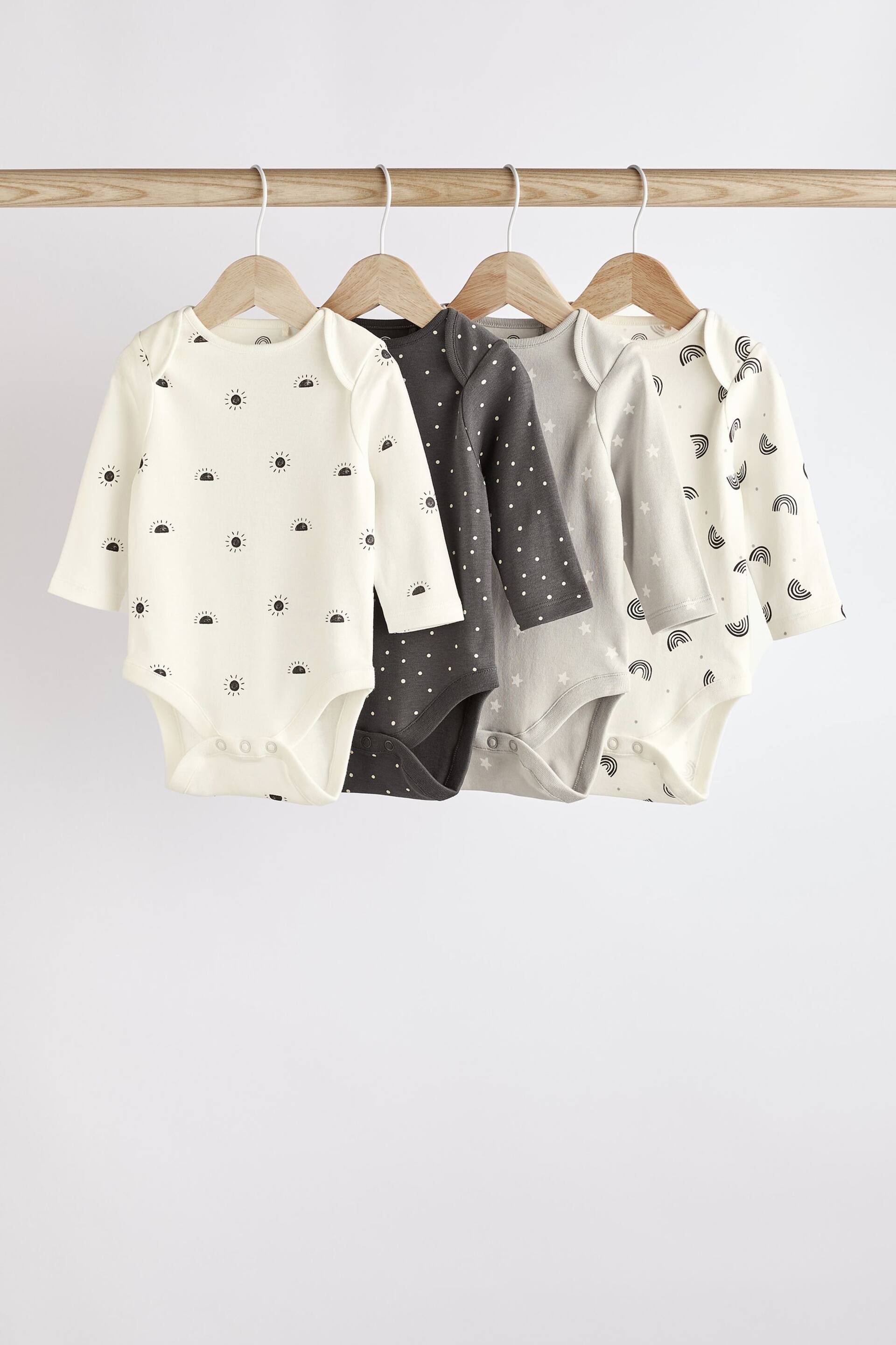Monochrome 4 Pack Baby Printed Long Sleeve Bodysuits - Image 1 of 7