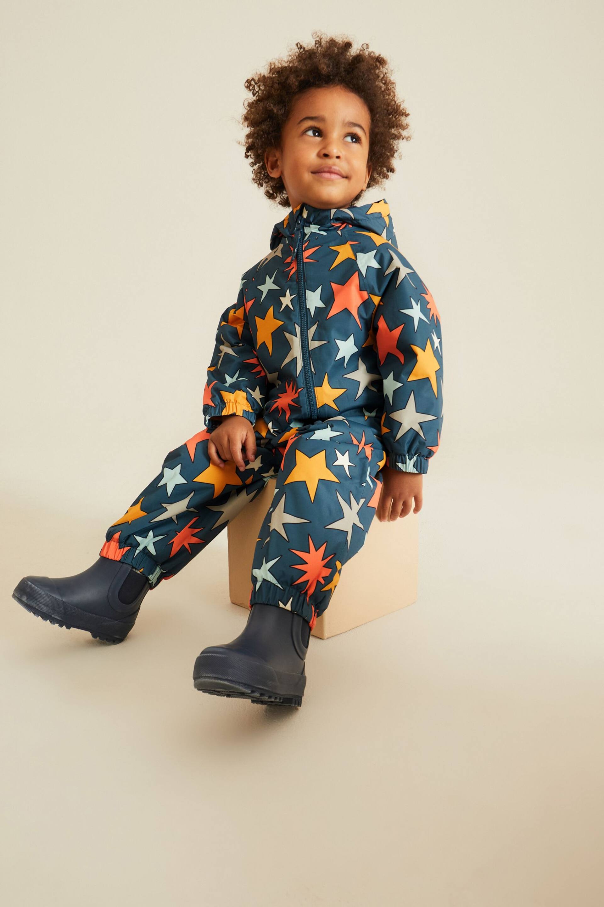 Navy Blue Star Waterproof Warm Padded Fleece Lined Puddlesuit (3mths-7yrs) - Image 2 of 9