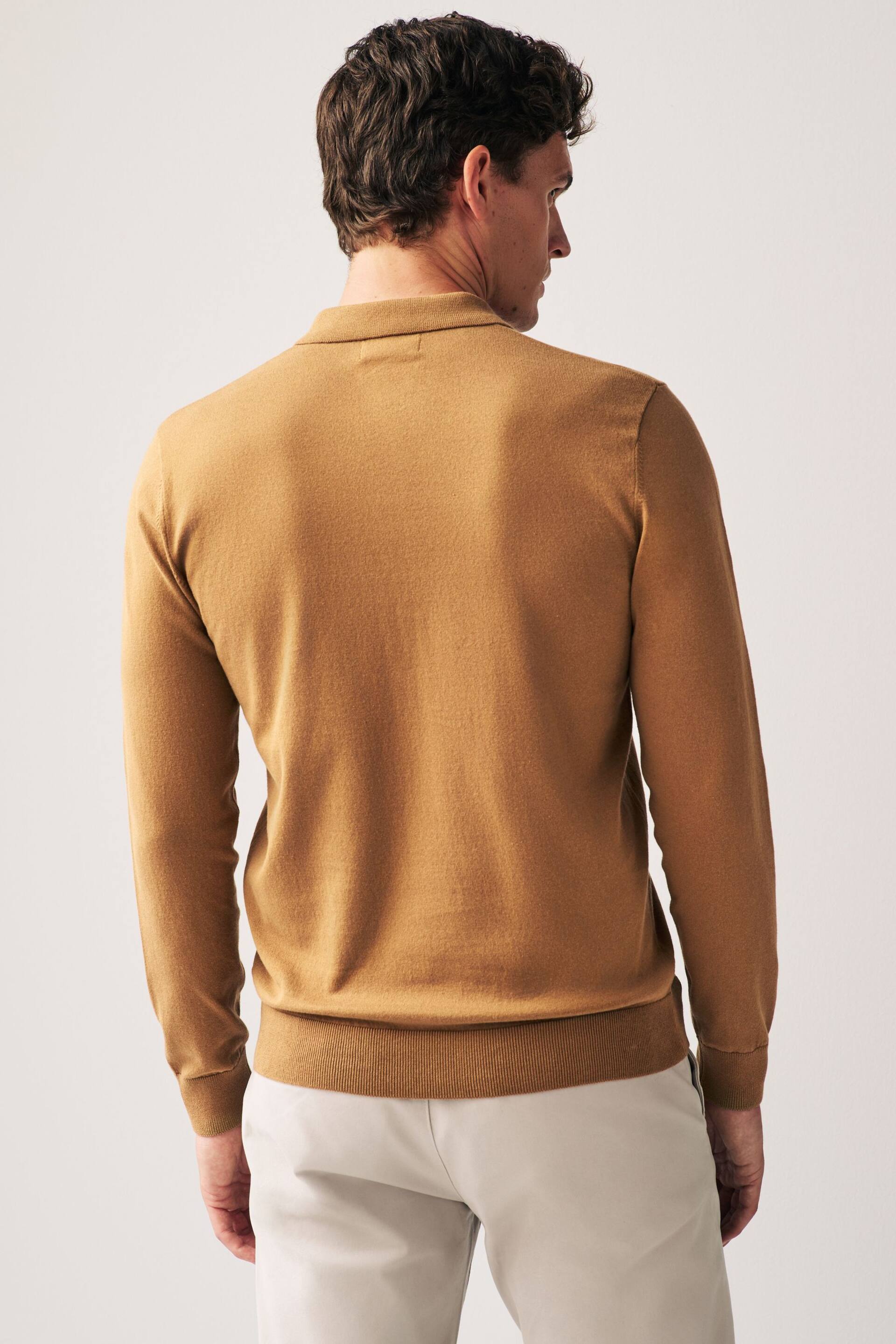 Camel Brown Regular Knitted Long Sleeve Polo Shirt - Image 3 of 7