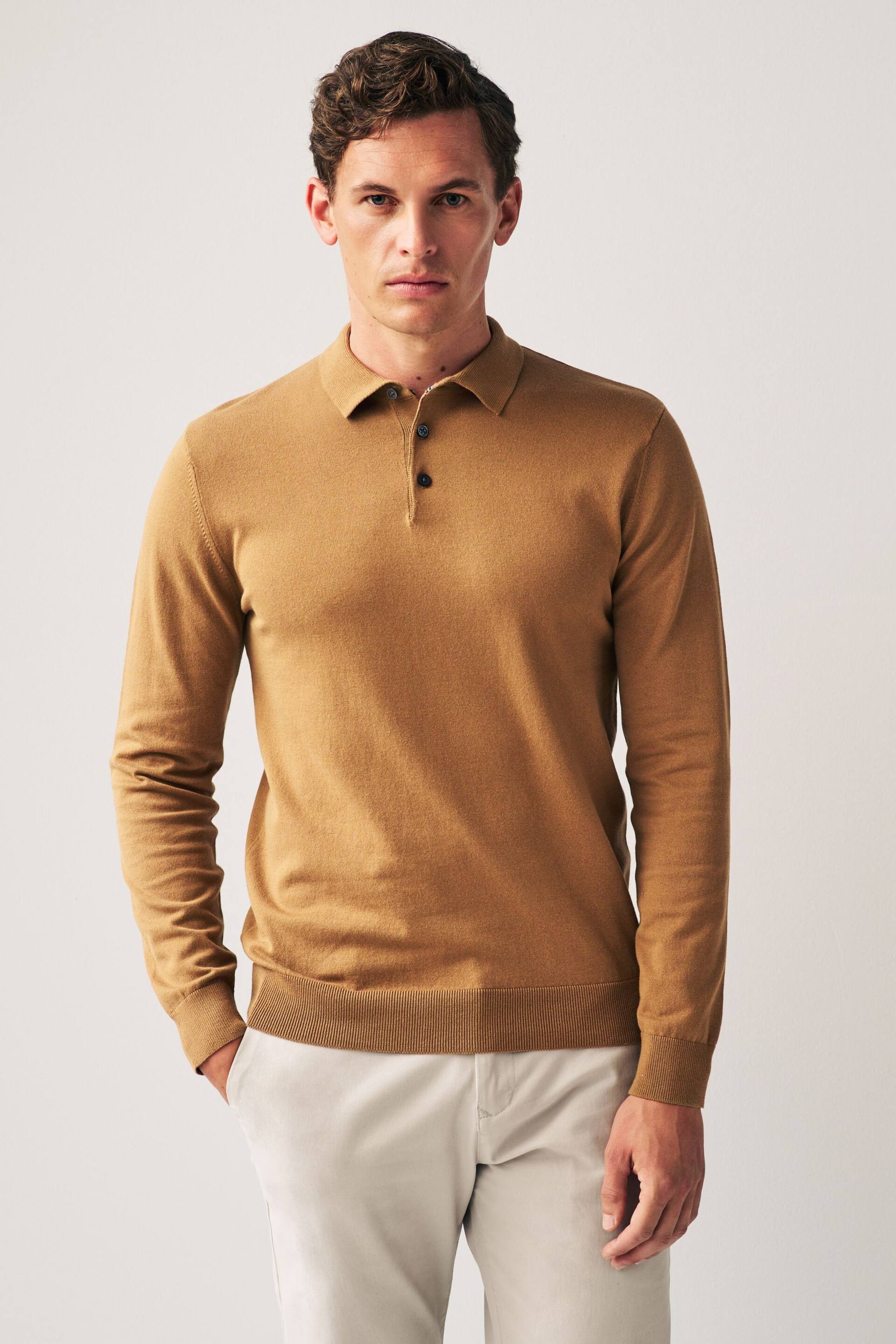 Camel Brown Regular Knitted Long Sleeve Polo Shirt - Image 4 of 7