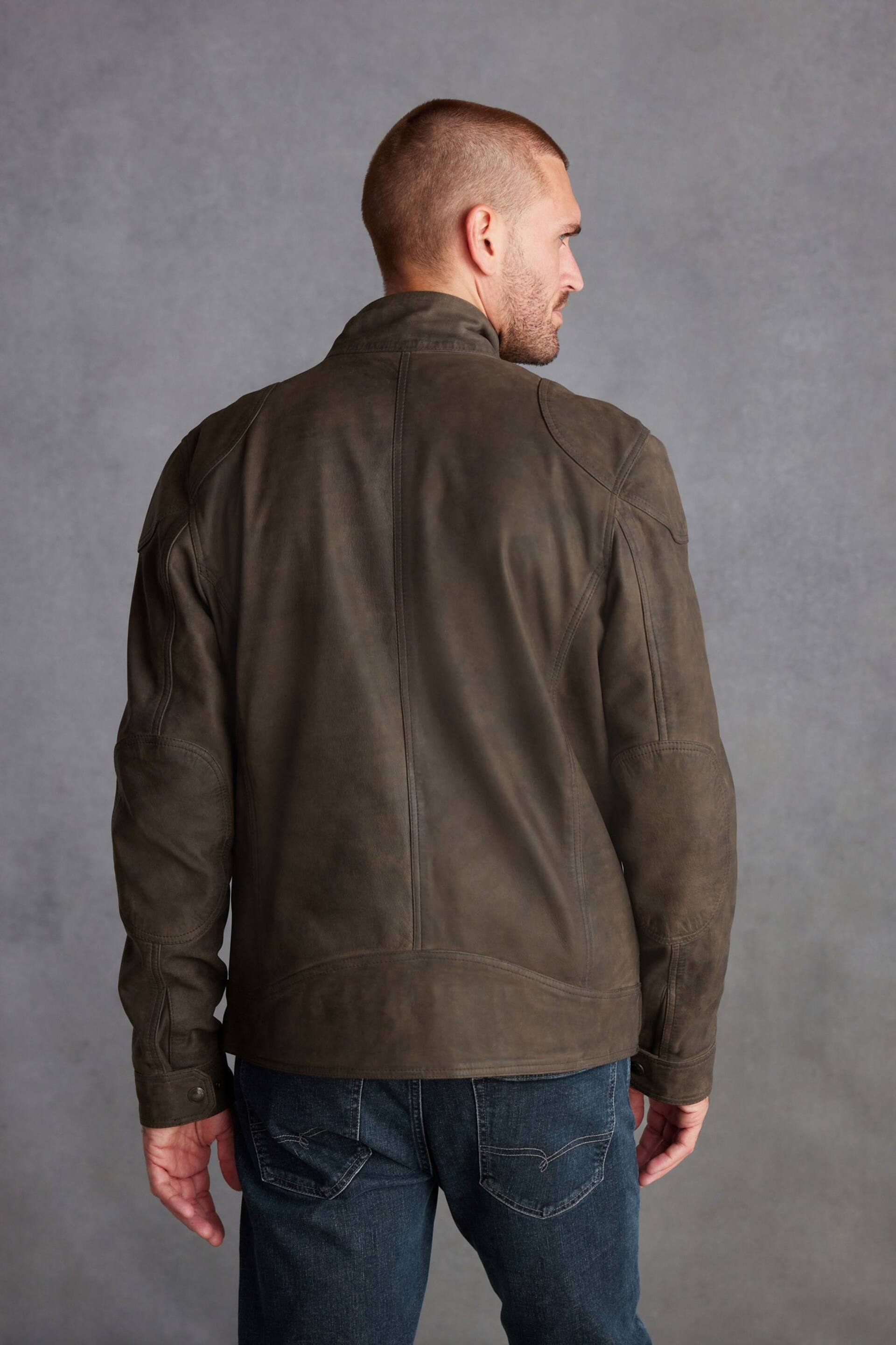 Brown Four Pocket Nubuck Leather Biker Jacket - Image 3 of 11