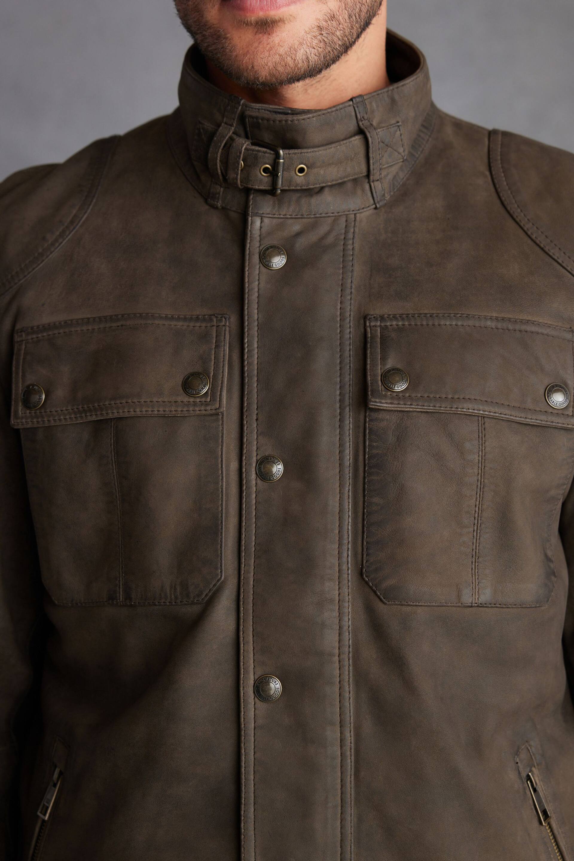 Brown Four Pocket Nubuck Leather Biker Jacket - Image 4 of 11