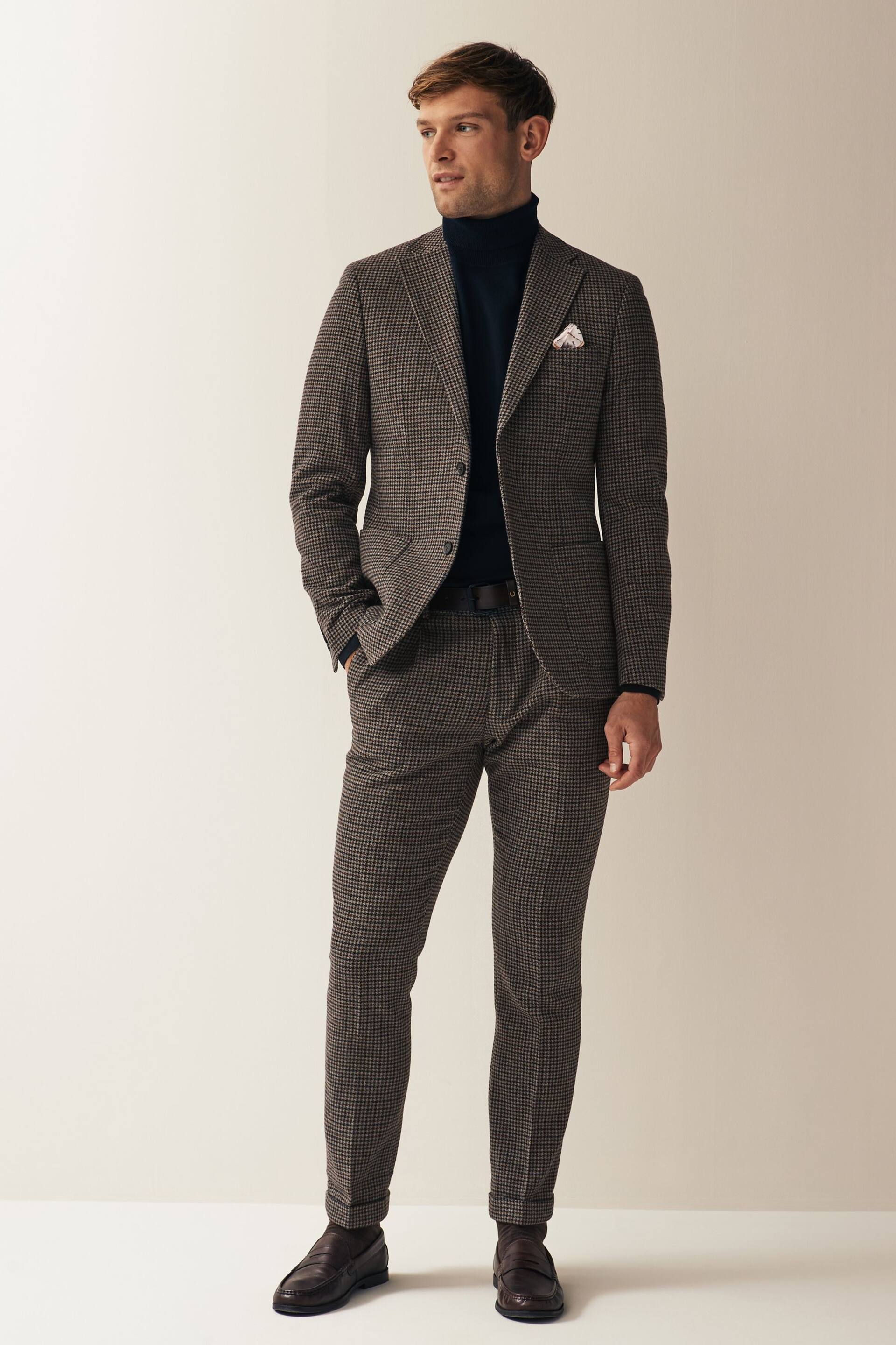 Brown Slim Wool Blend Puppytooth Suit Trousers - Image 3 of 9