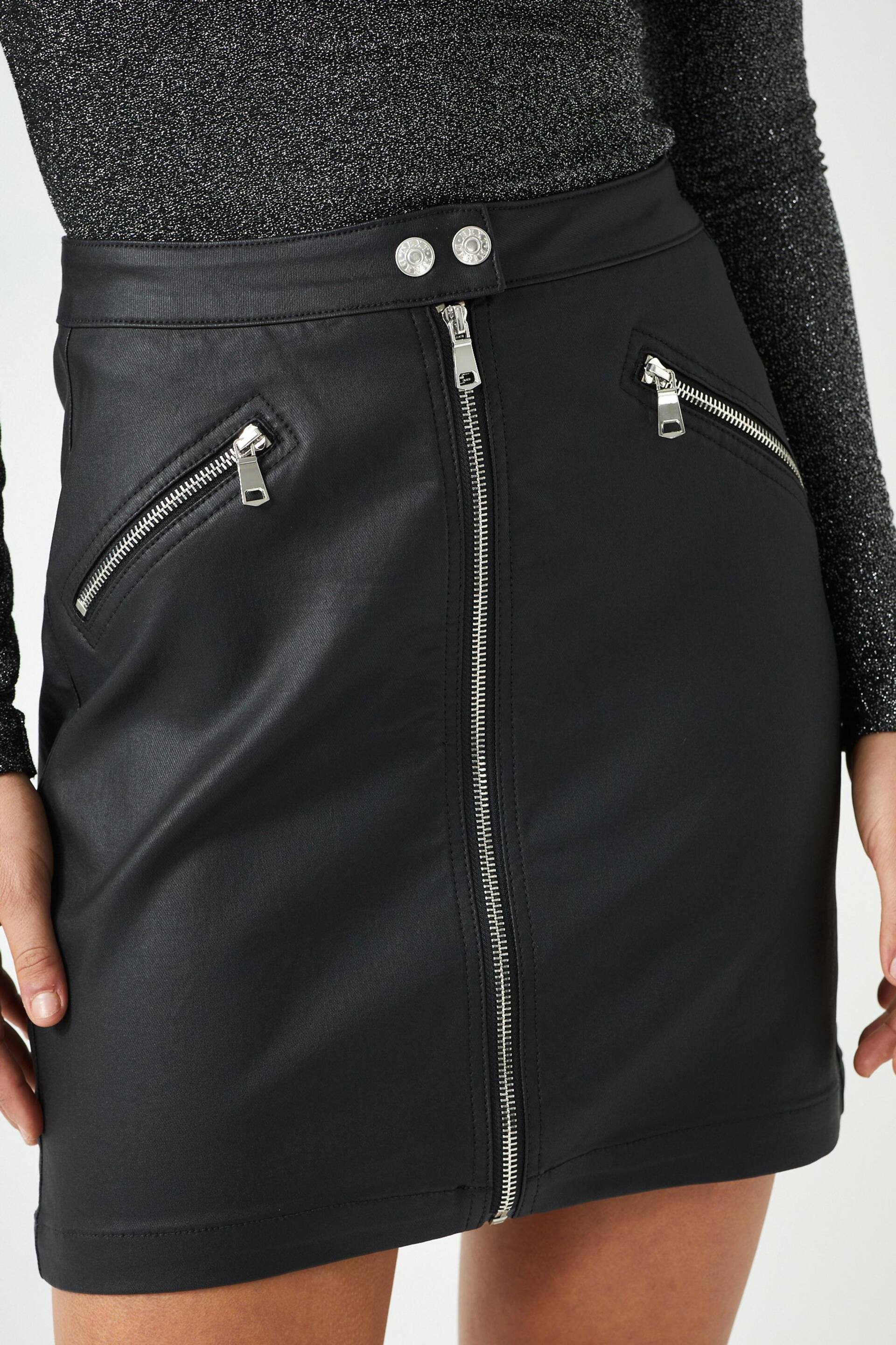 Black Coated Denim Zip Mini Skirt - Image 3 of 5