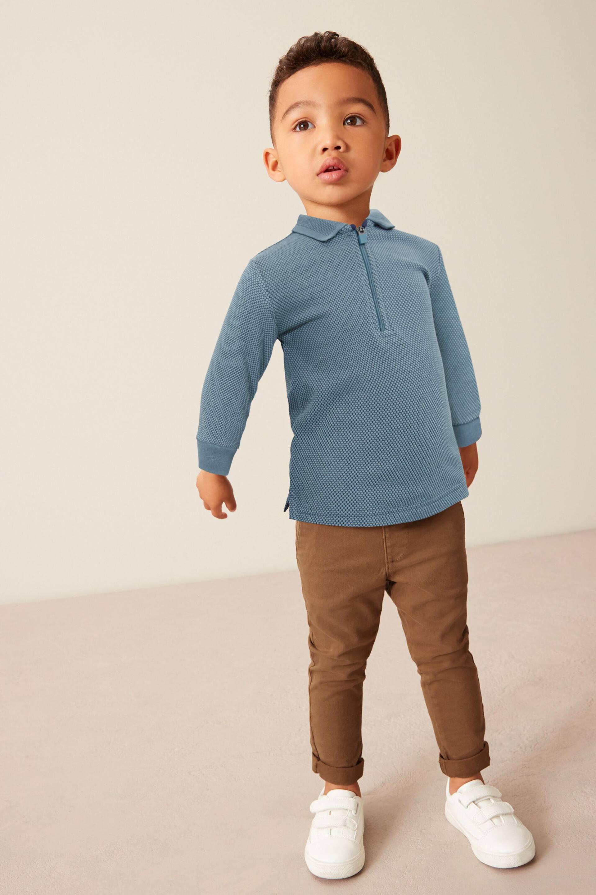 Blue Long Sleeve Textured Zip Polo Shirt (3mths-7yrs) - Image 2 of 7