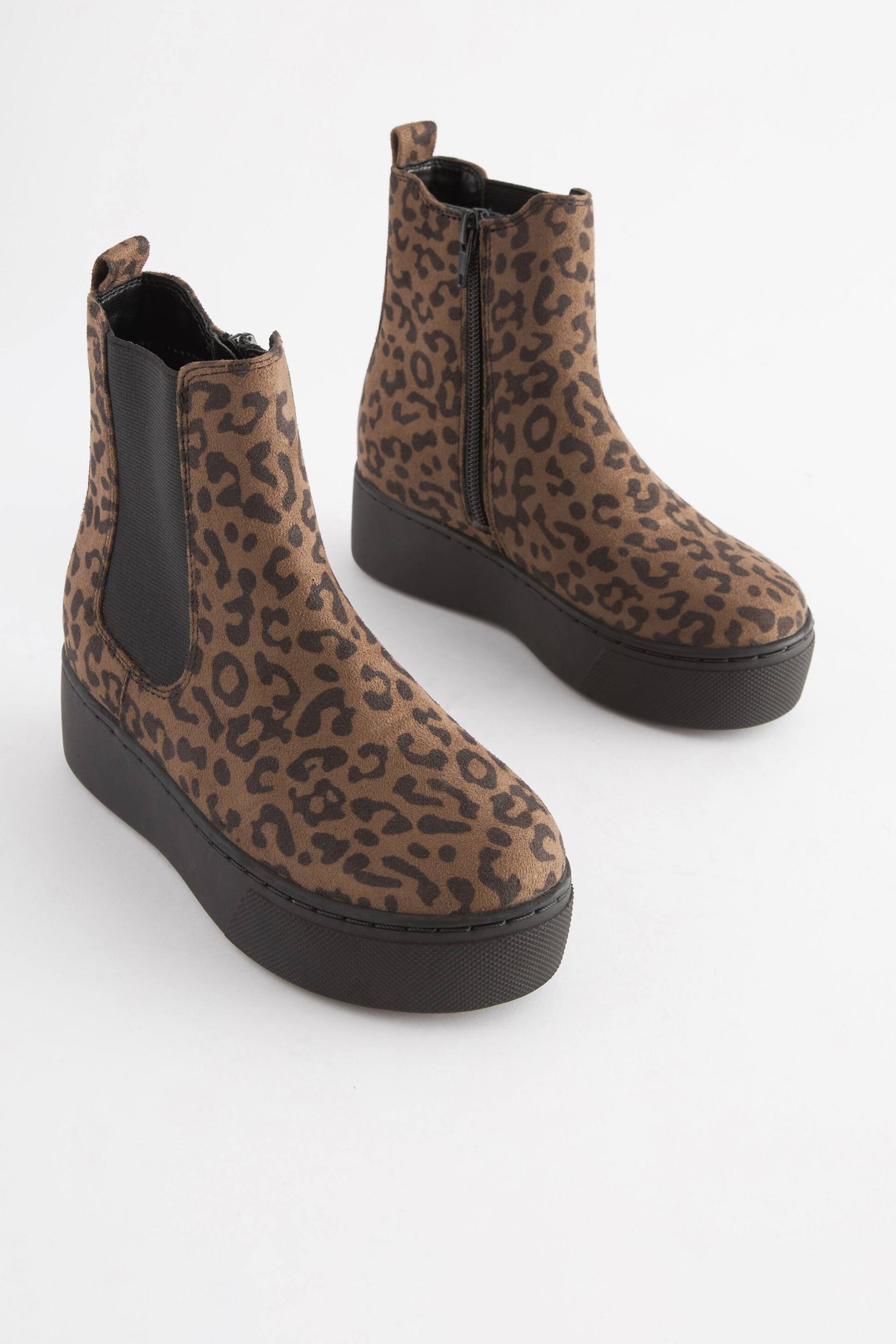 Tan Brown Animal Print Chunky Chelsea Boots - Image 3 of 7