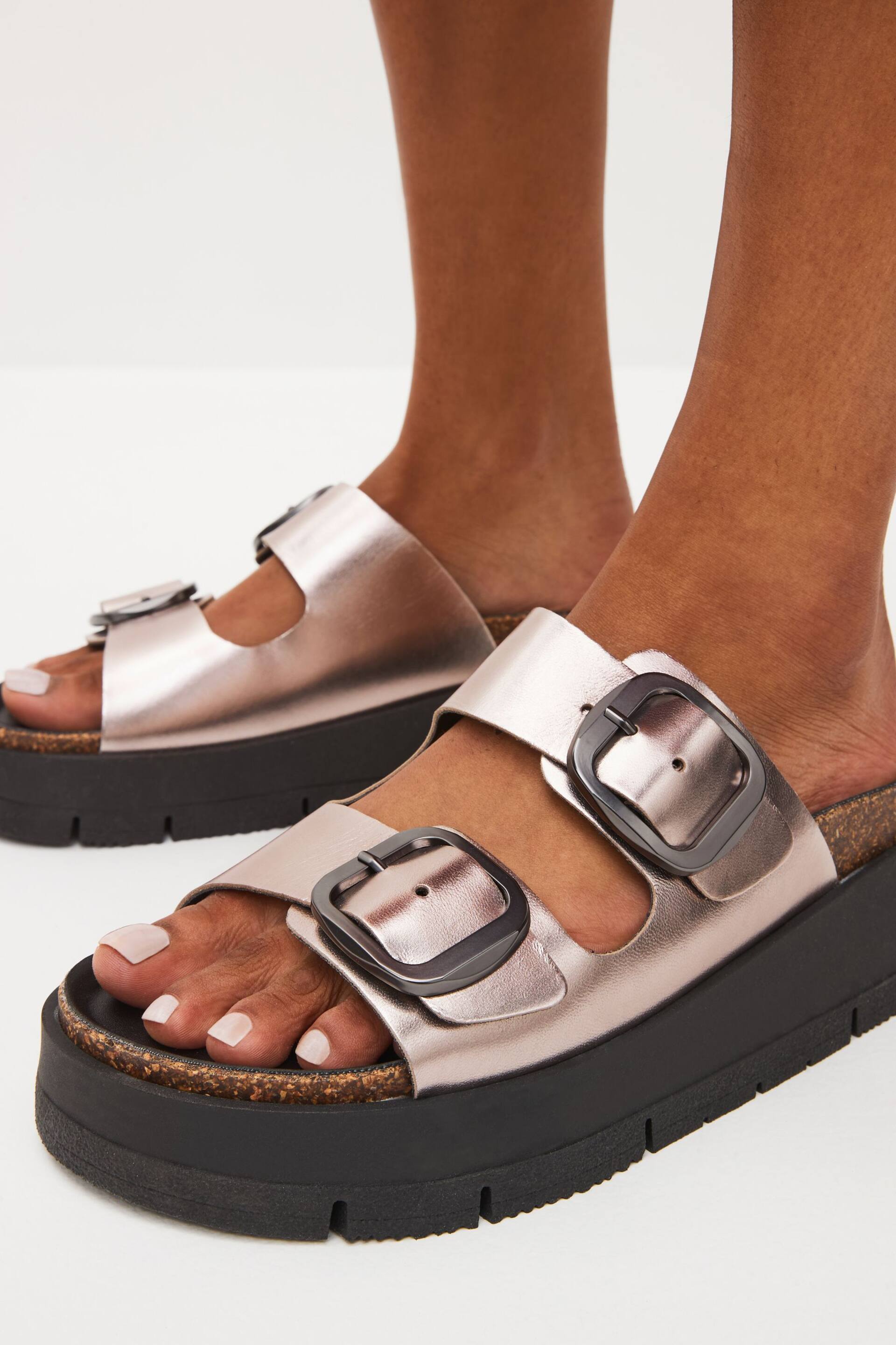 Pewter Silver Forever Comfort® Leather Double Buckle Flatform Sandals - Image 2 of 7