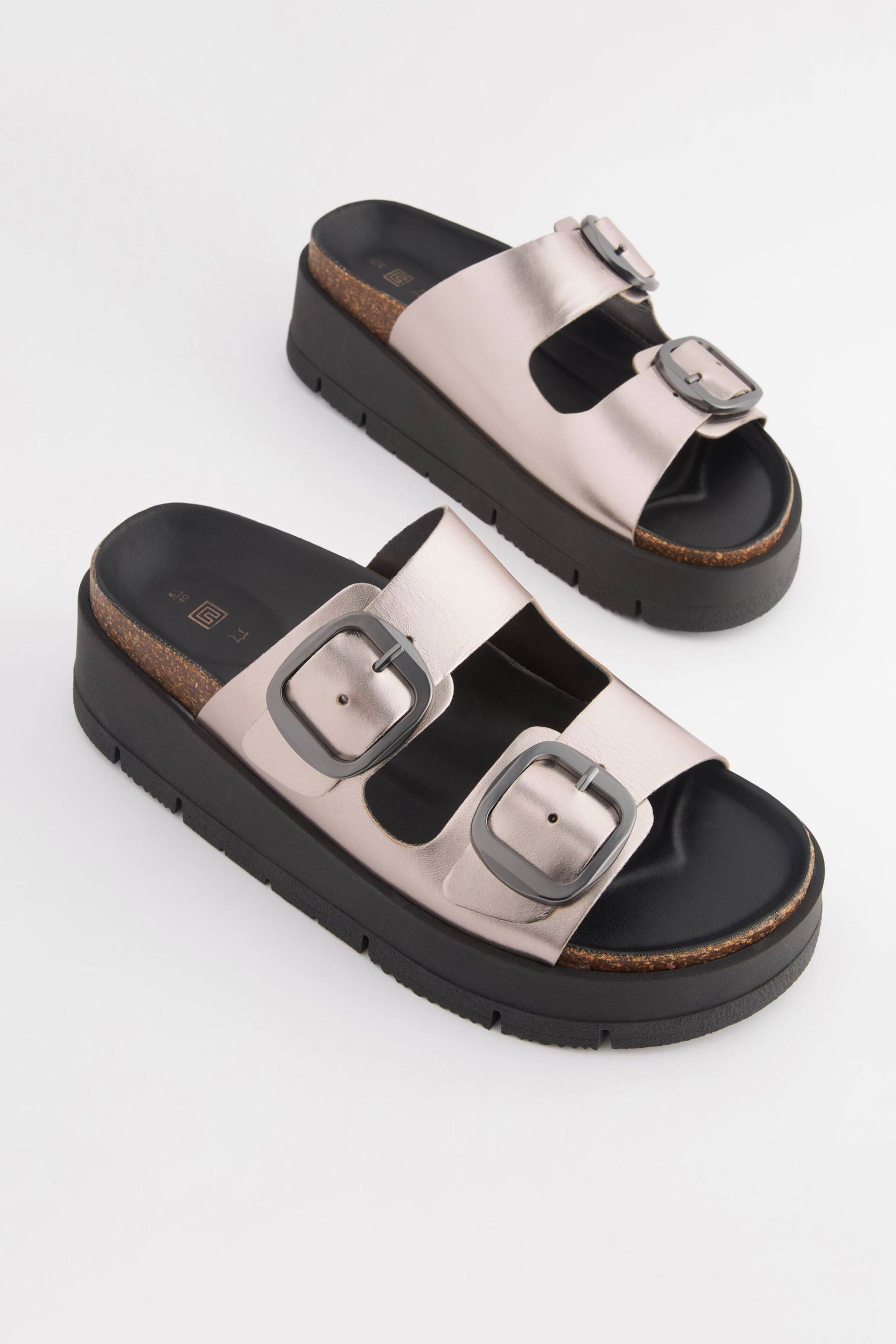 Pewter Silver Forever Comfort® Leather Double Buckle Flatform Sandals - Image 3 of 7