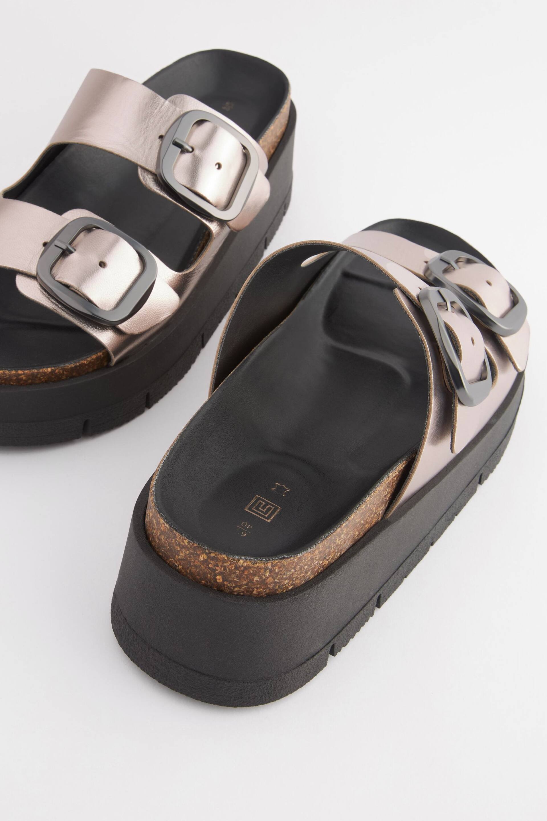 Pewter Silver Forever Comfort® Leather Double Buckle Flatform Sandals - Image 5 of 7