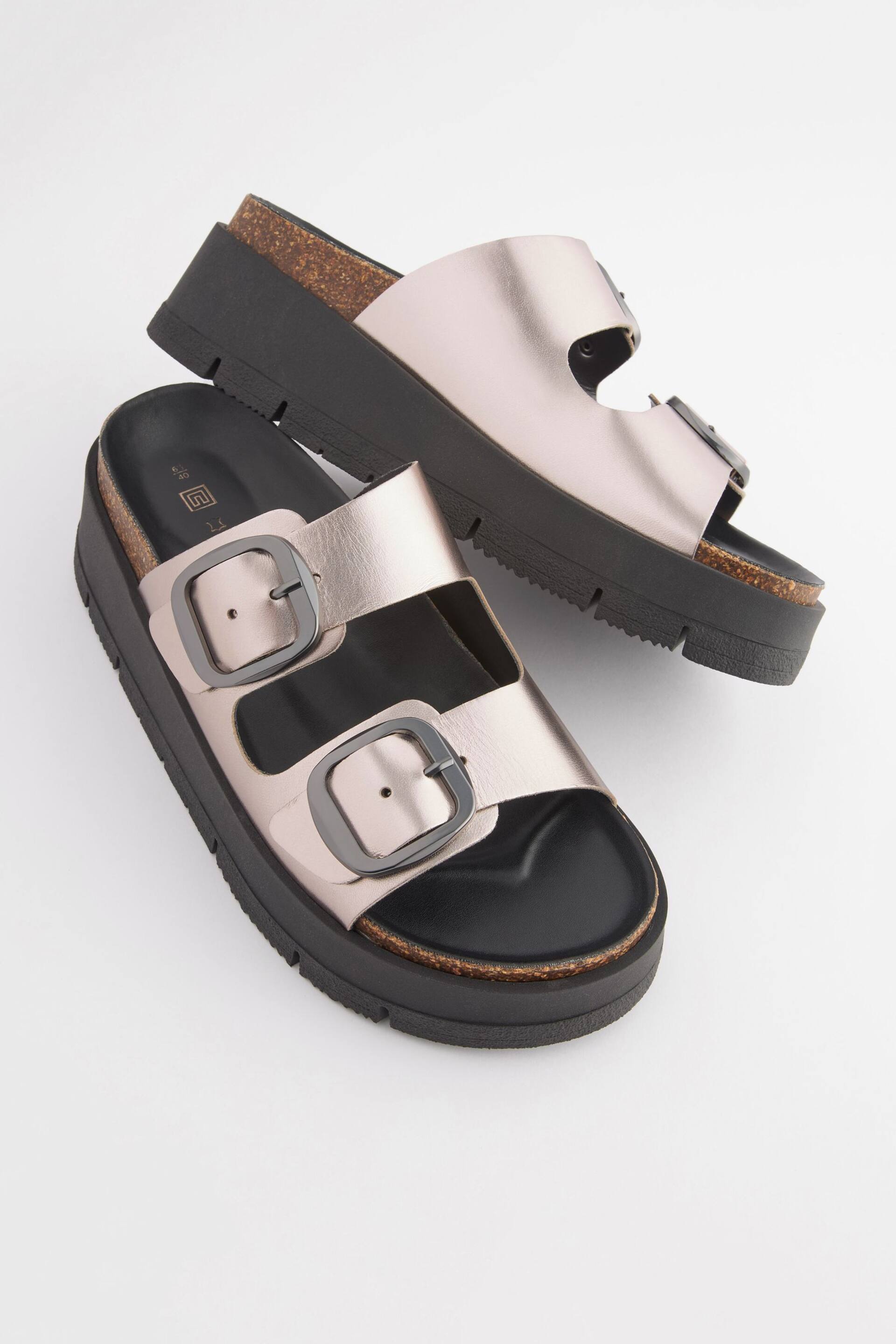 Pewter Silver Forever Comfort® Leather Double Buckle Flatform Sandals - Image 6 of 7