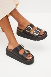 Black Forever Comfort® Leather Double Buckle Flatform Sandals - Image 1 of 8