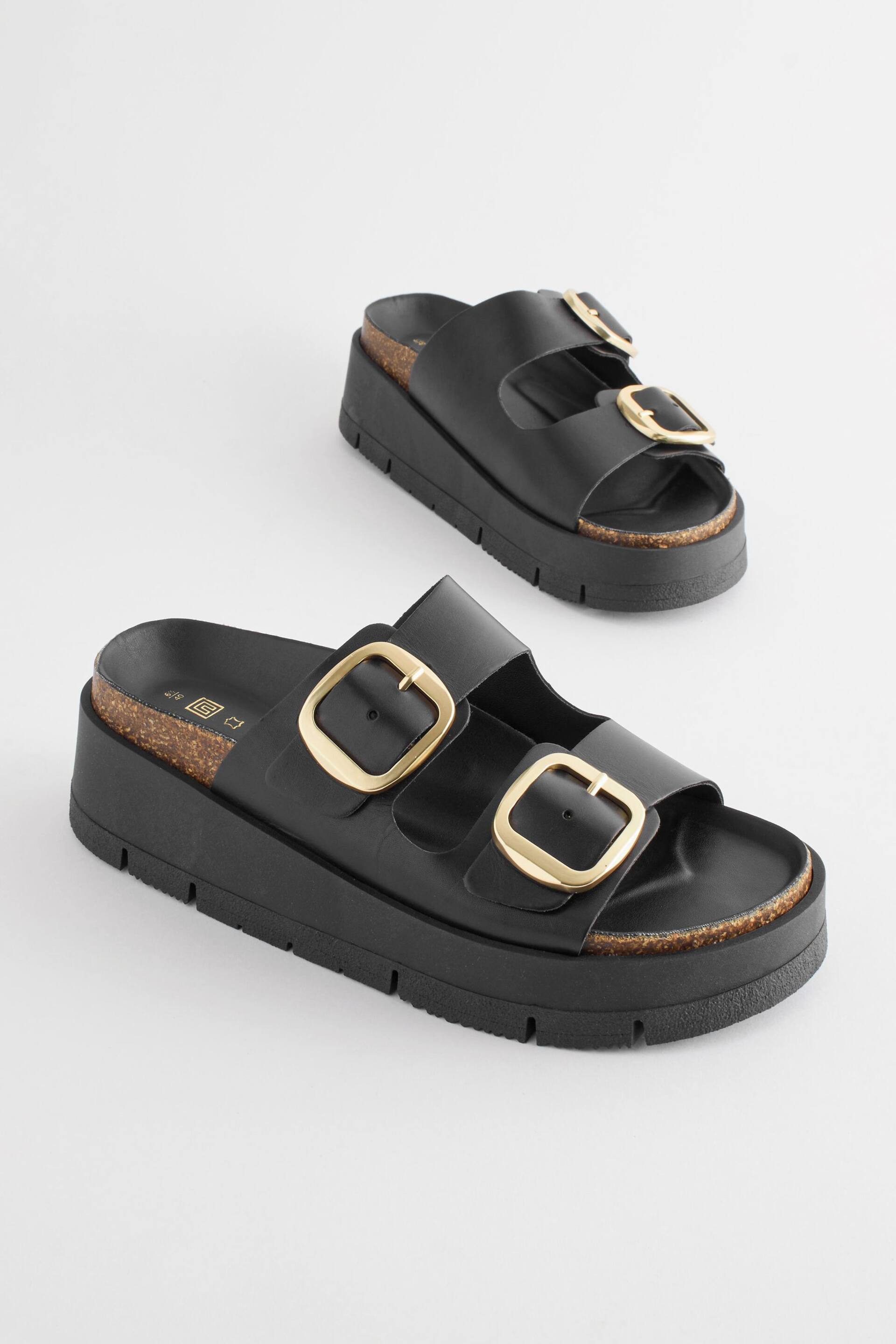 Black Forever Comfort® Leather Double Buckle Flatform Sandals - Image 4 of 8