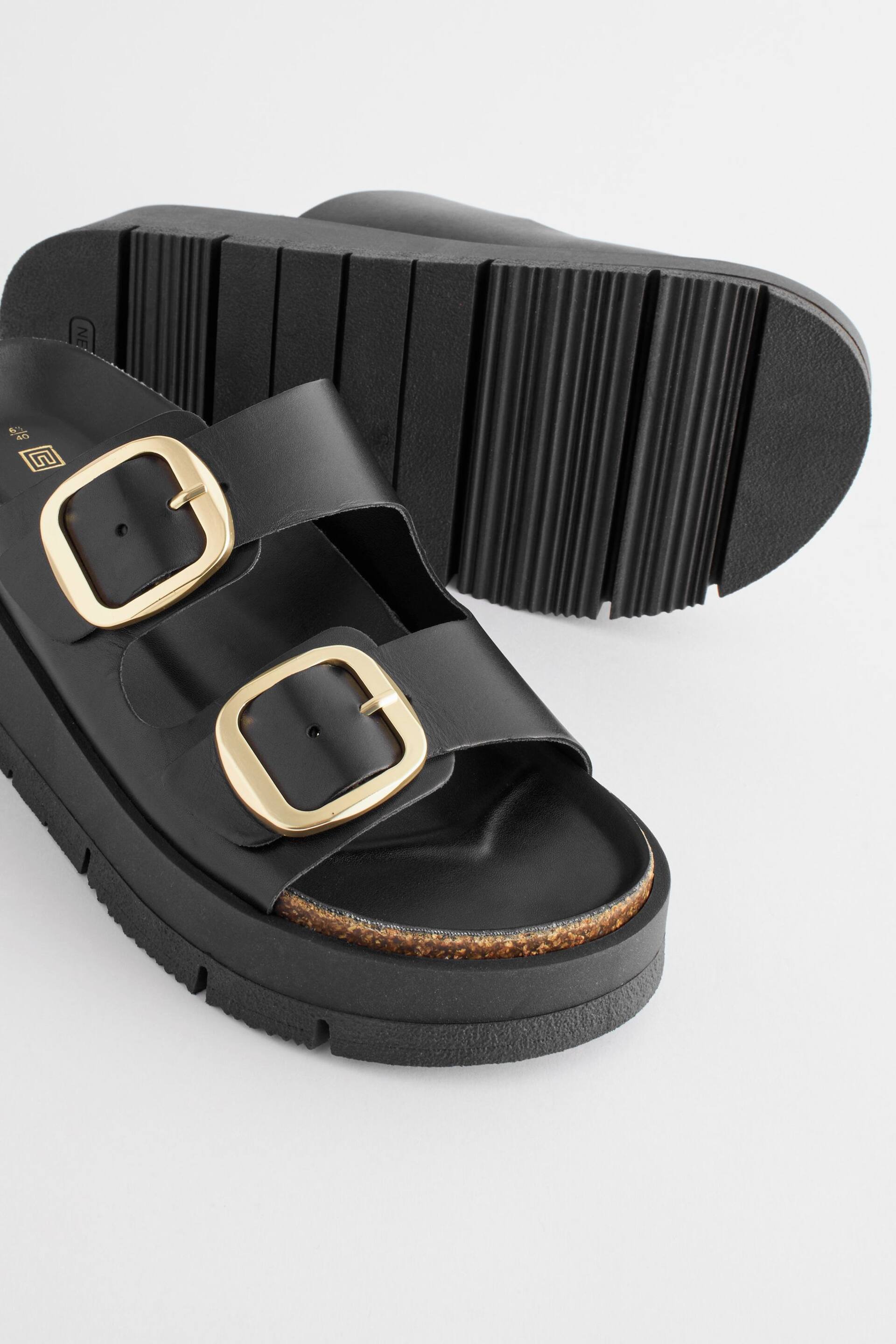 Black Forever Comfort® Leather Double Buckle Flatform Sandals - Image 5 of 8