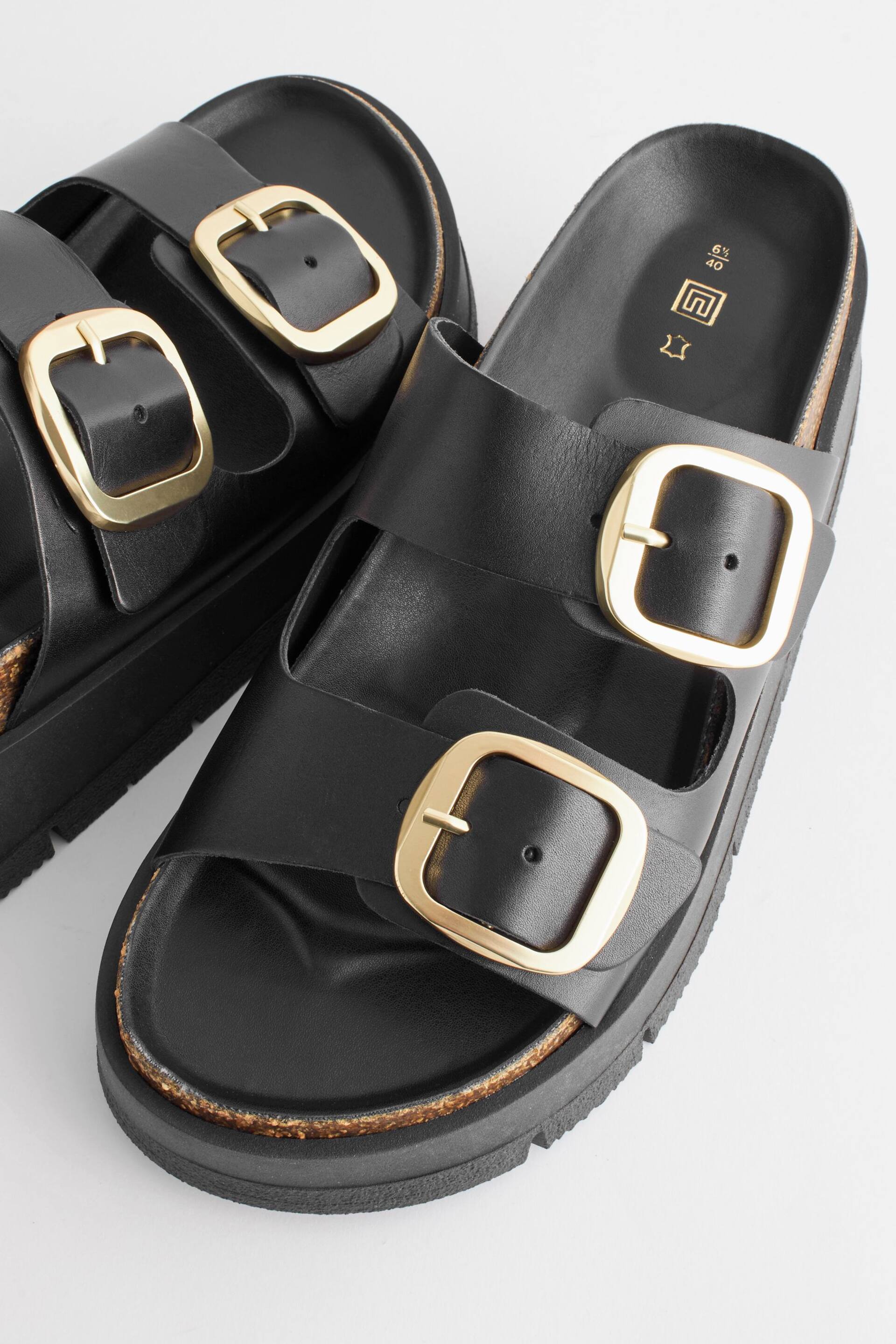 Black Forever Comfort® Leather Double Buckle Flatform Sandals - Image 6 of 8