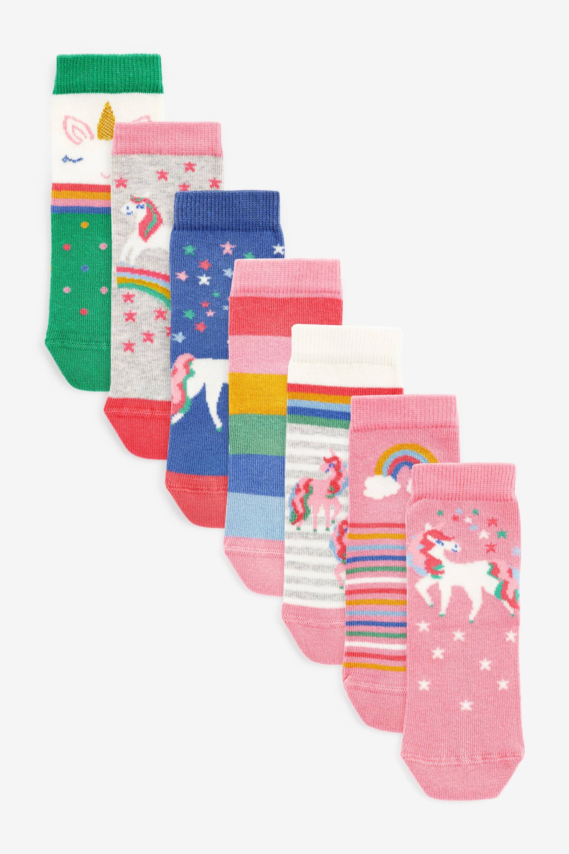 Pink 7 Pack Unicorn Cotton Rich Ankle Socks - Image 1 of 8