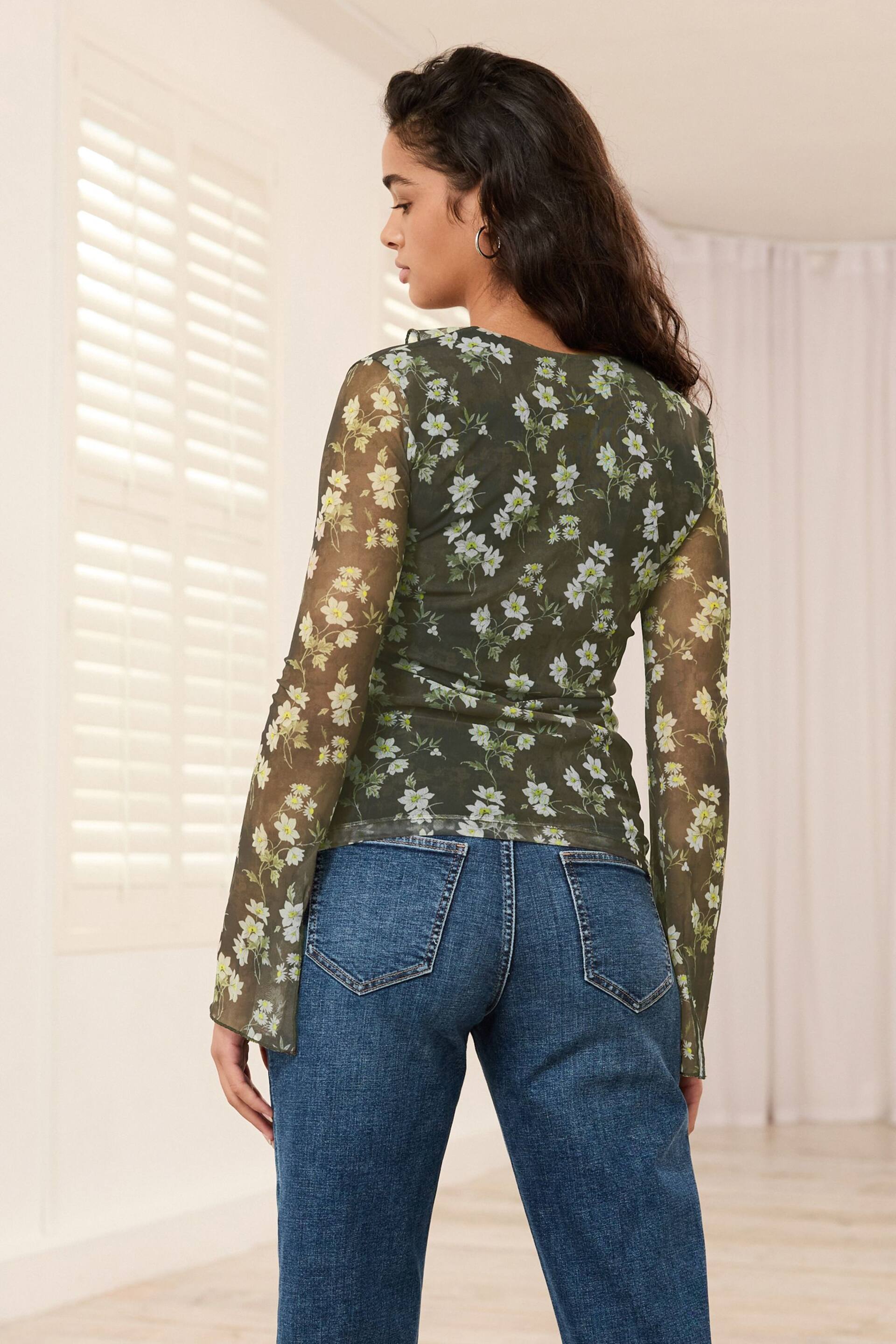 Khaki Green Ditsy Floral Long Sleeve Ruffle Front Mesh Top - Image 3 of 6