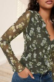 Khaki Green Ditsy Floral Long Sleeve Ruffle Front Mesh Top - Image 4 of 6