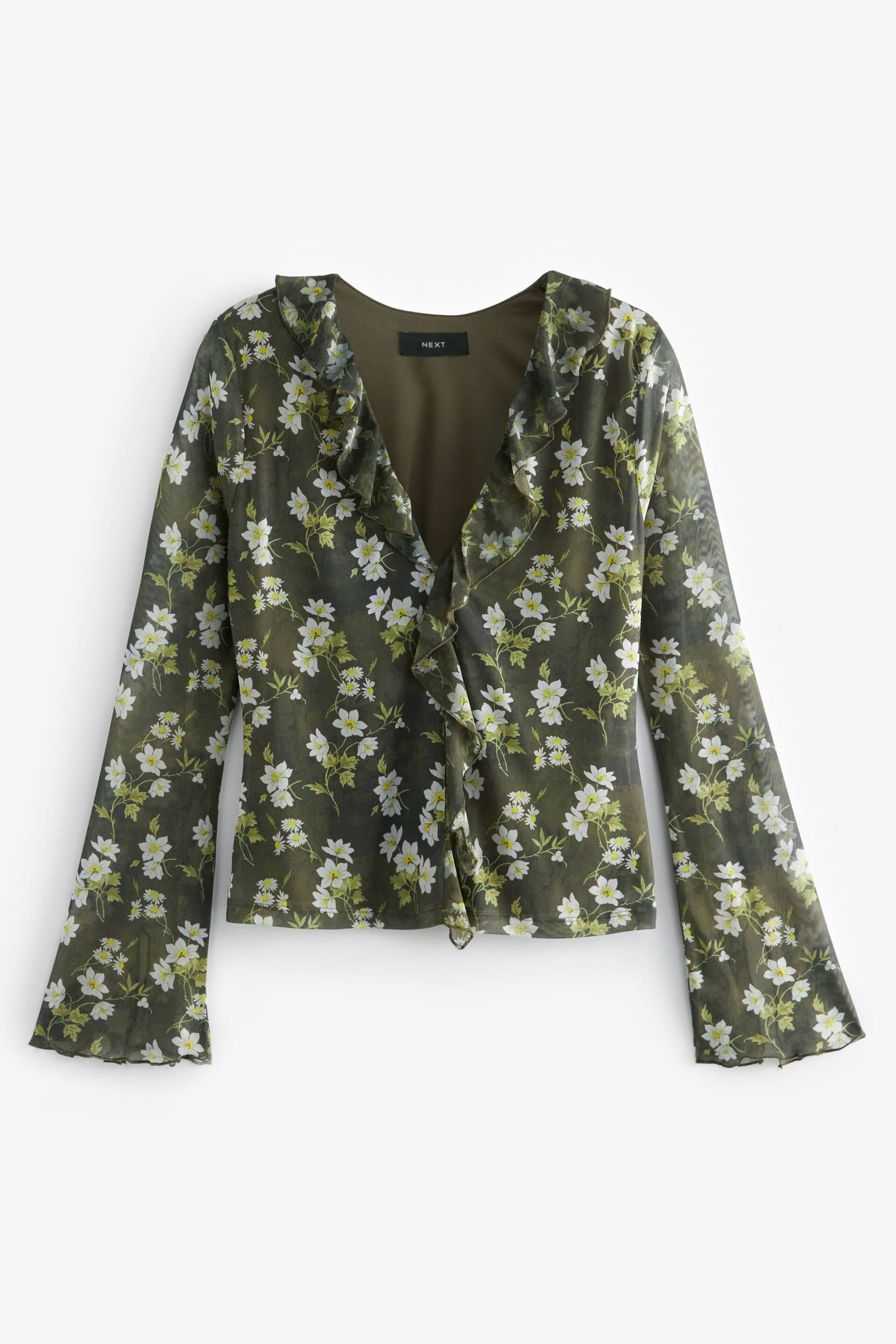Khaki Green Ditsy Floral Long Sleeve Ruffle Front Mesh Top - Image 5 of 6