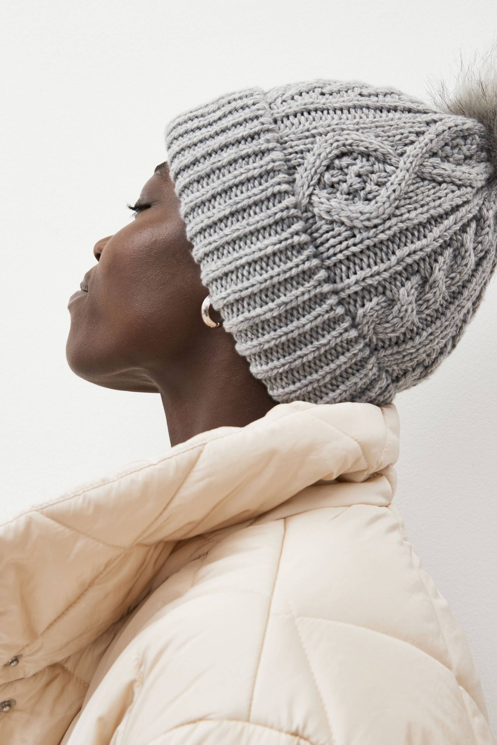 Grey Cable Knit Pom Hat - Image 2 of 4