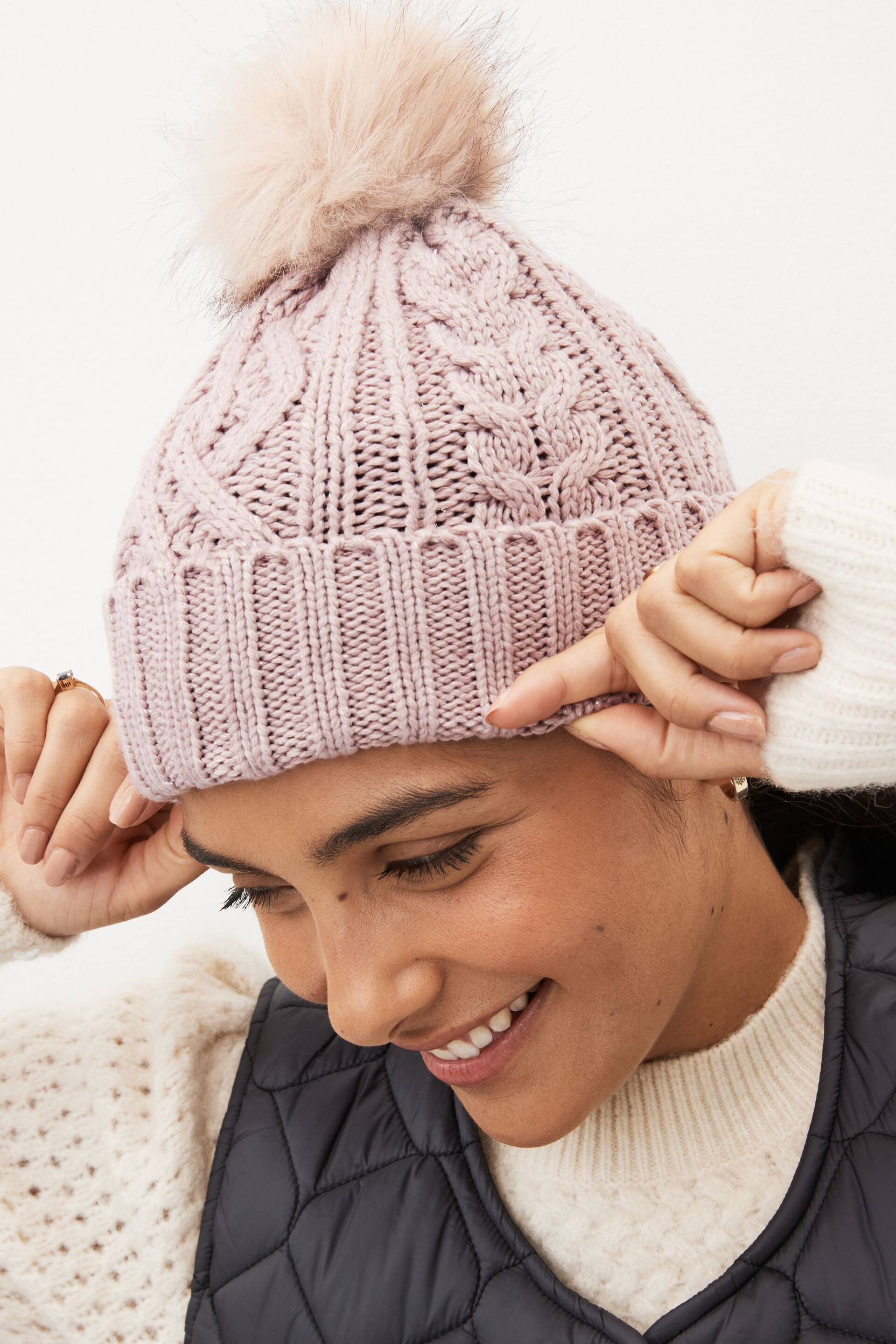 Pink Sparkle Cable Knit Pom Hat - Image 1 of 3