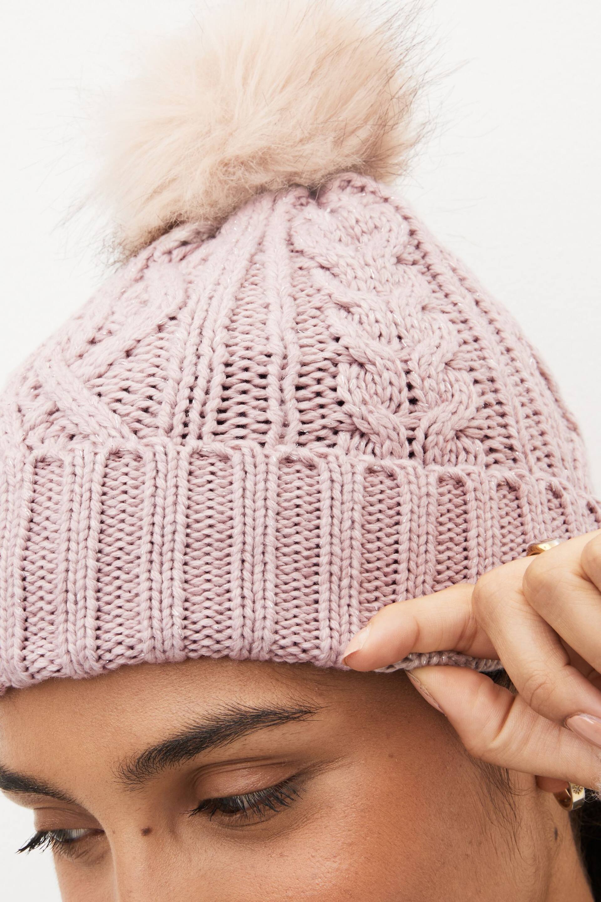 Pink Sparkle Cable Knit Pom Hat - Image 2 of 3