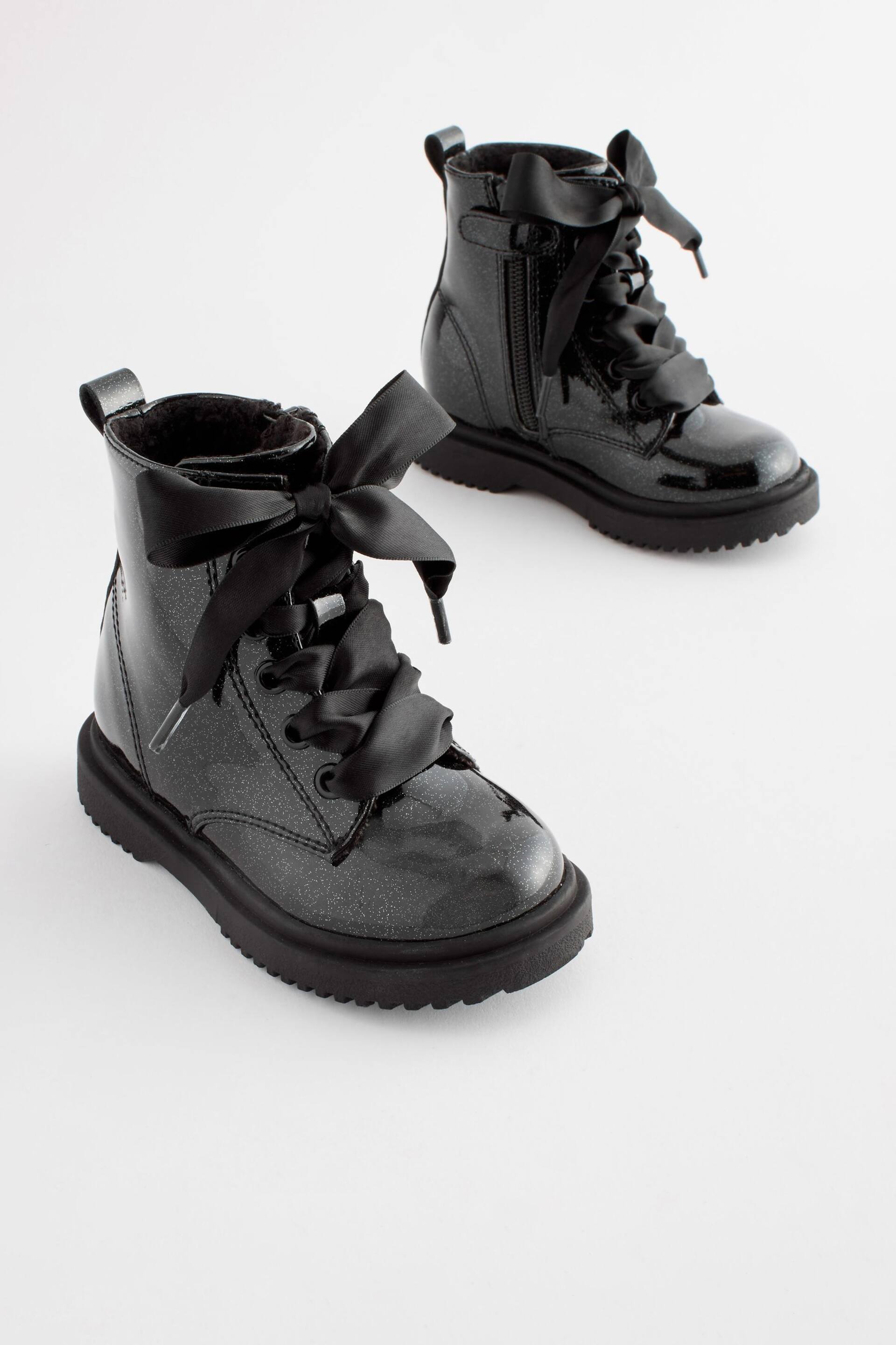 Black Patent Wide Fit (G) Warm Lined Lace-Up Boots - Image 1 of 6