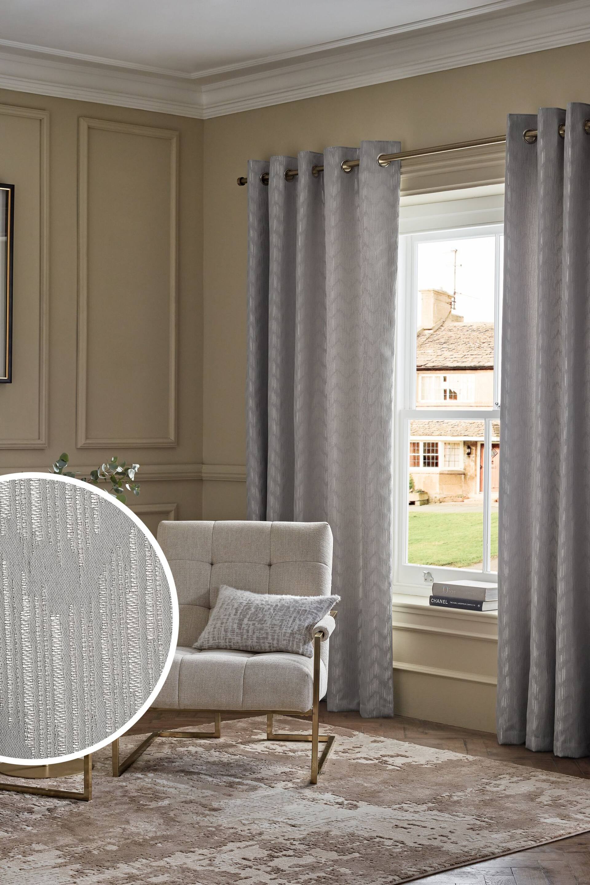 Silver/Gold Shimmer Jacquard Eyelet Lined Curtains - Image 1 of 5