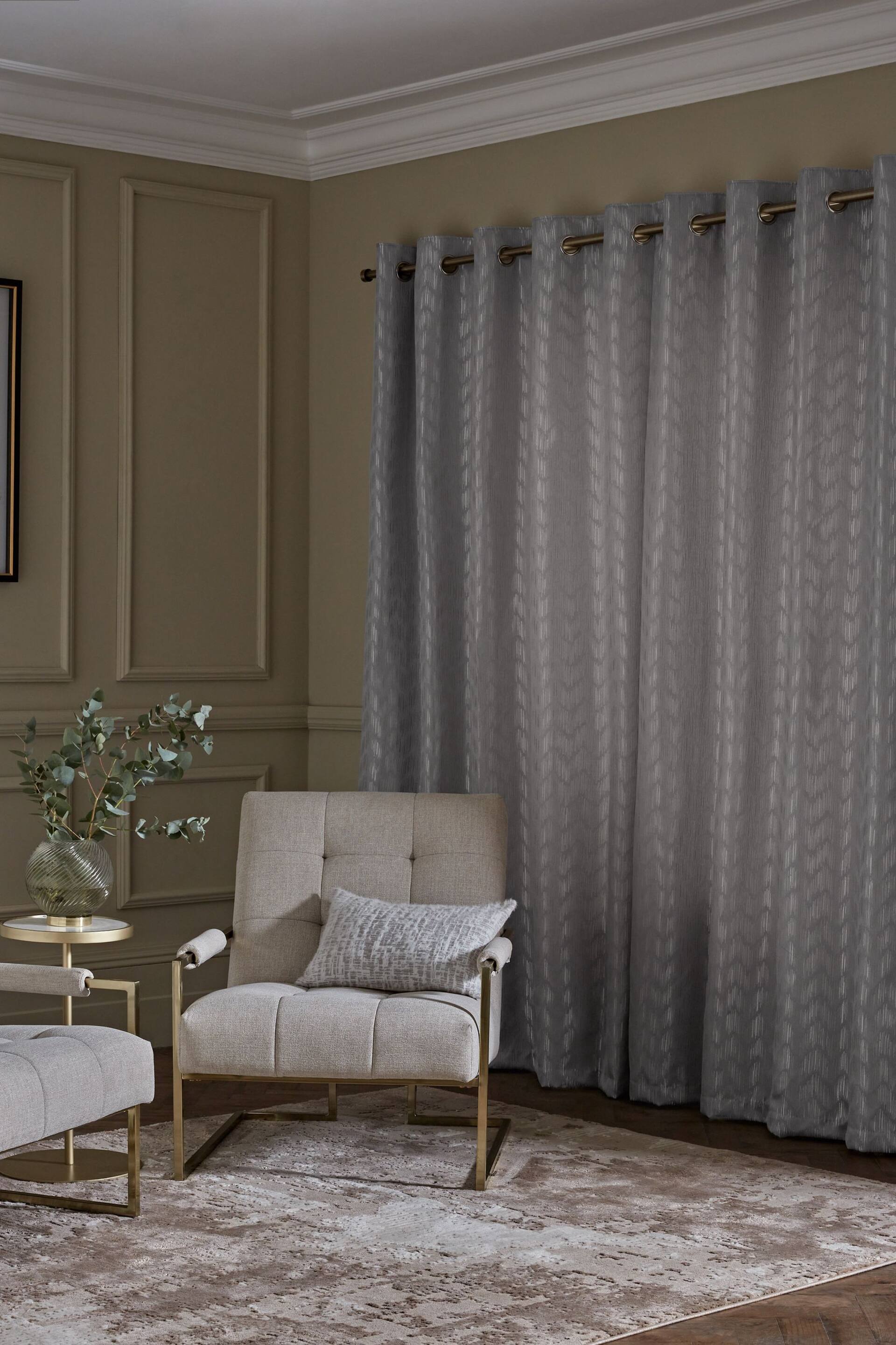Silver/Gold Shimmer Jacquard Eyelet Lined Curtains - Image 2 of 5