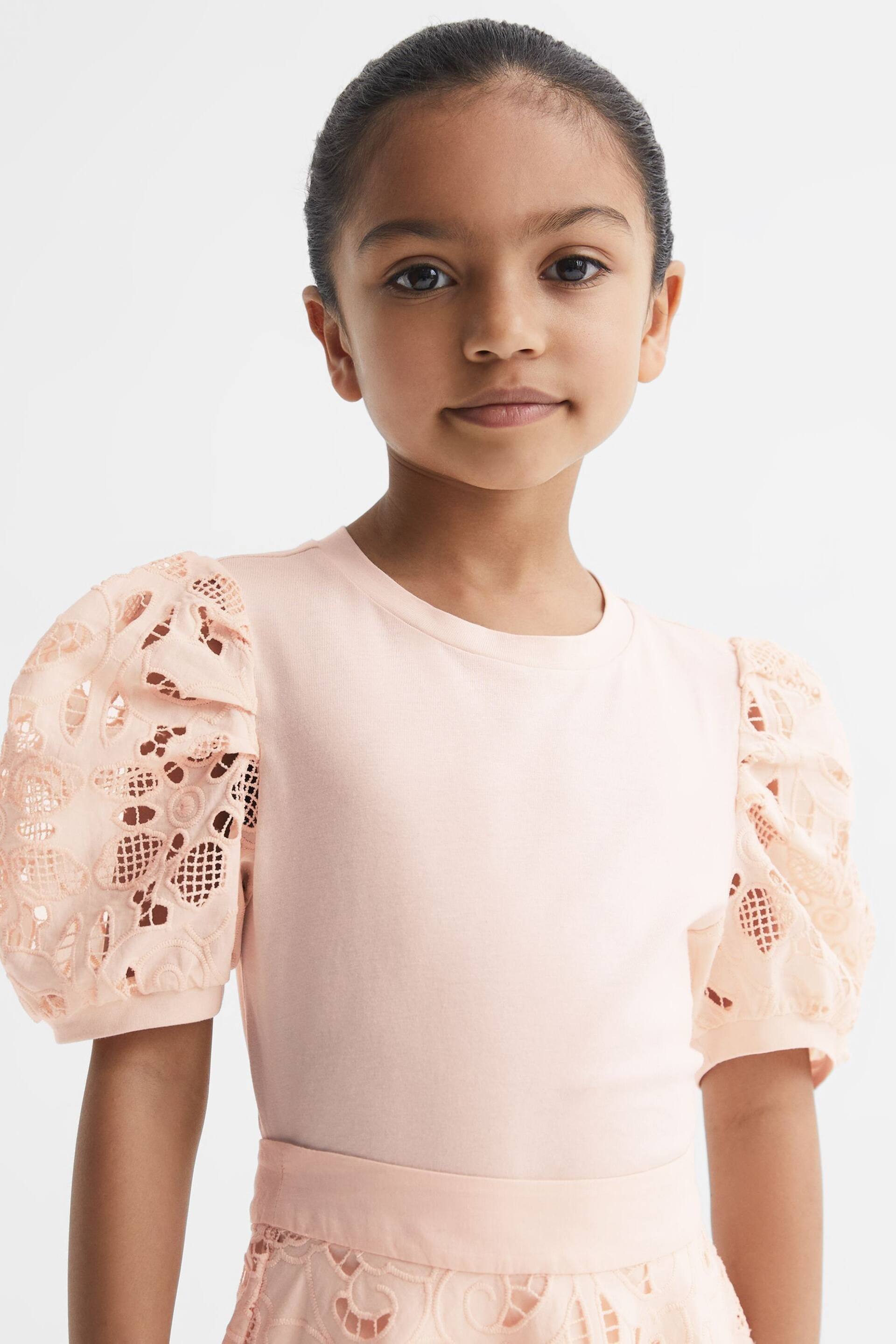 Reiss Pink Alberta Junior Floral Lace Puff Sleeve T-Shirt - Image 1 of 6