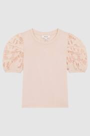Reiss Pink Alberta Junior Floral Lace Puff Sleeve T-Shirt - Image 2 of 6