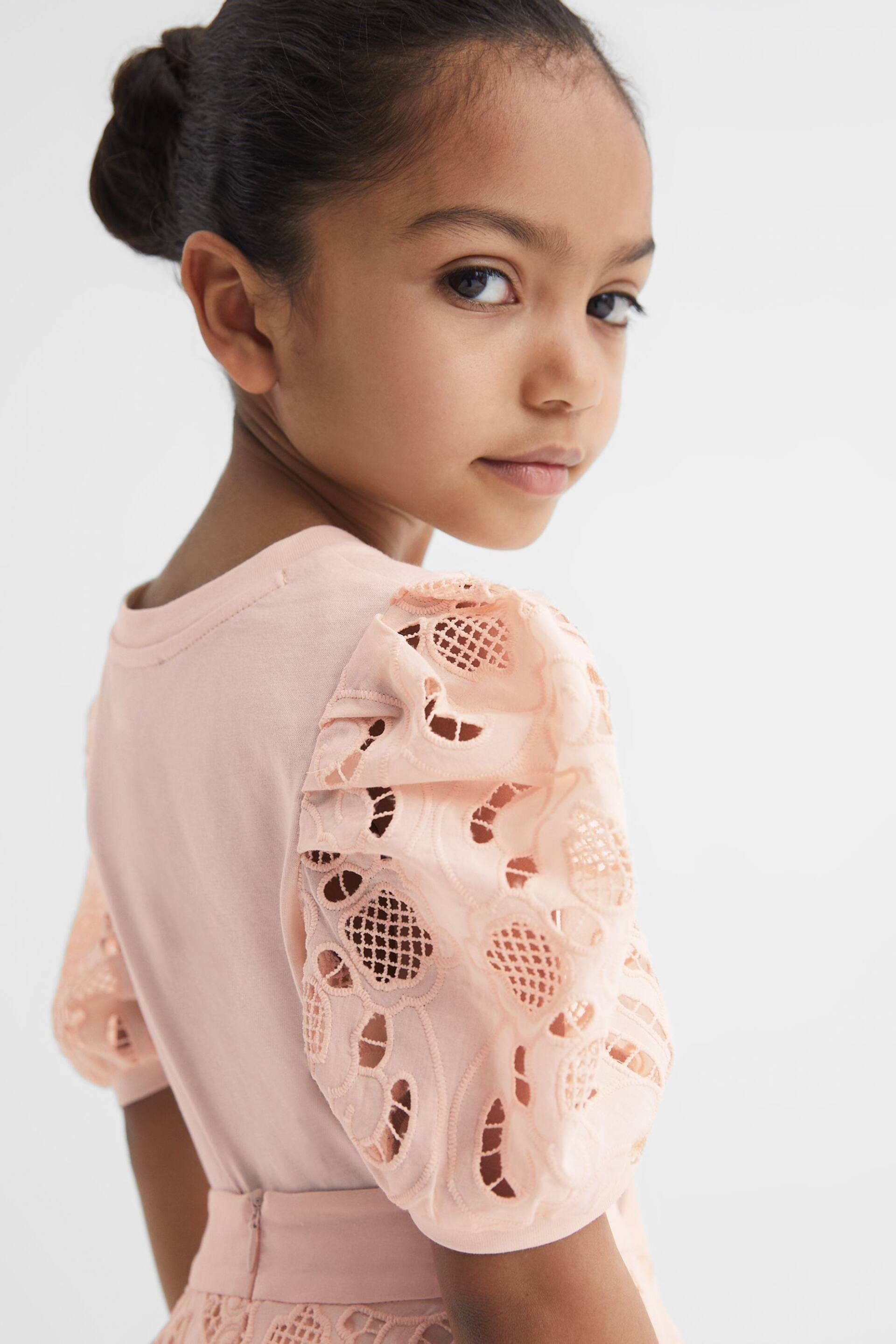 Reiss Pink Alberta Junior Floral Lace Puff Sleeve T-Shirt - Image 4 of 6
