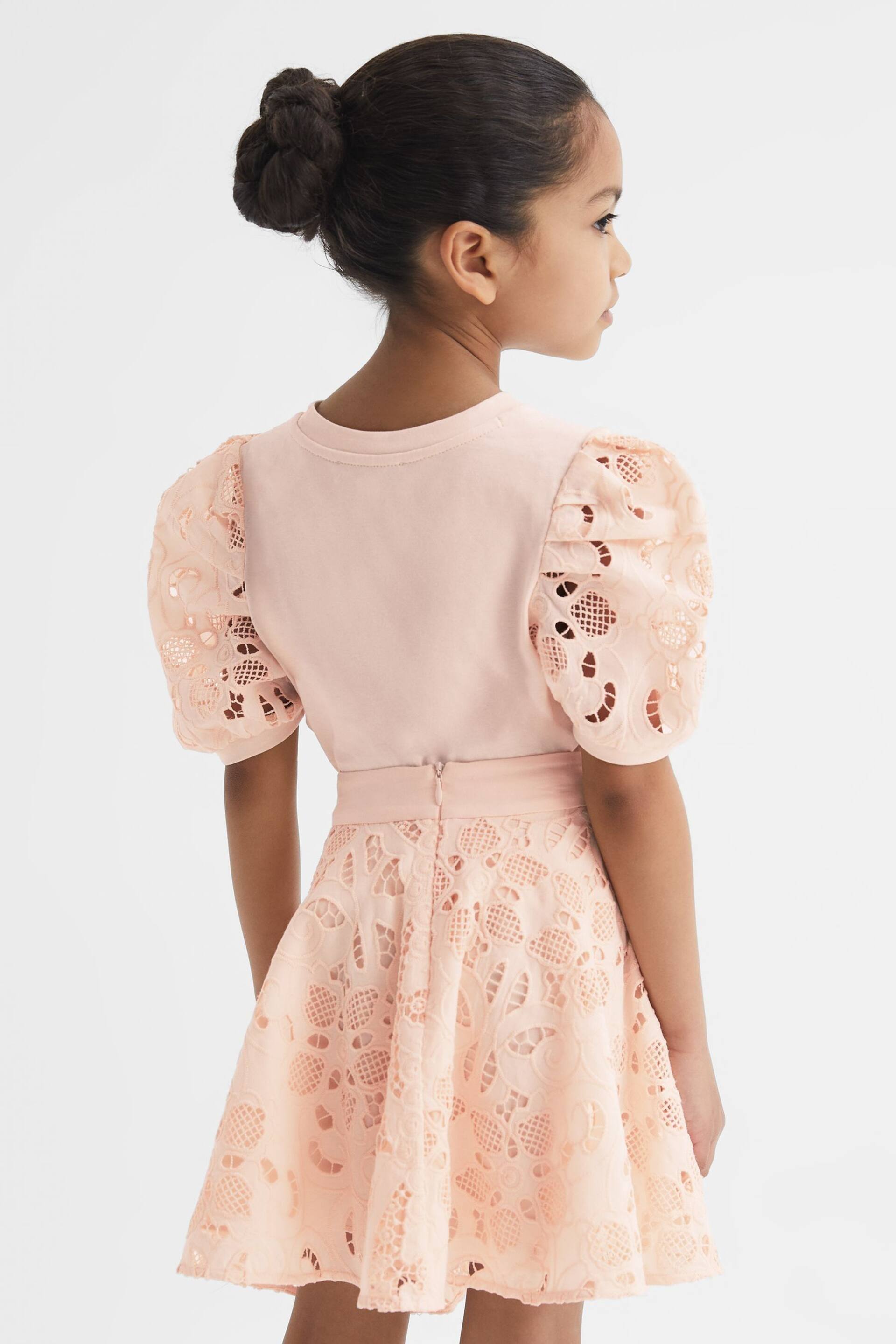 Reiss Pink Alberta Junior Floral Lace Puff Sleeve T-Shirt - Image 5 of 6