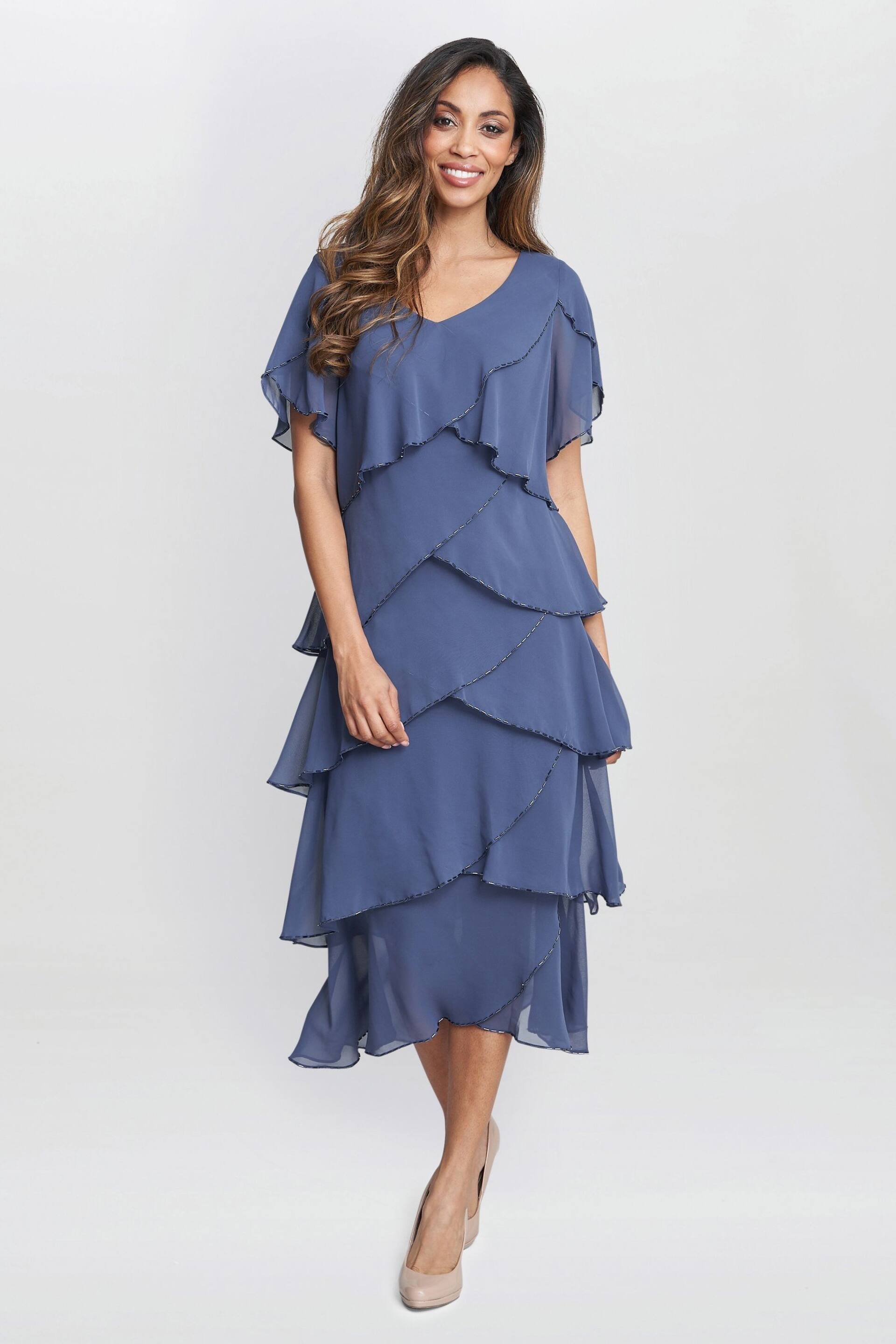 Gina Bacconi Blue Fleur Midi V-Neck Tier Dress With Bugle Beads - Image 1 of 5